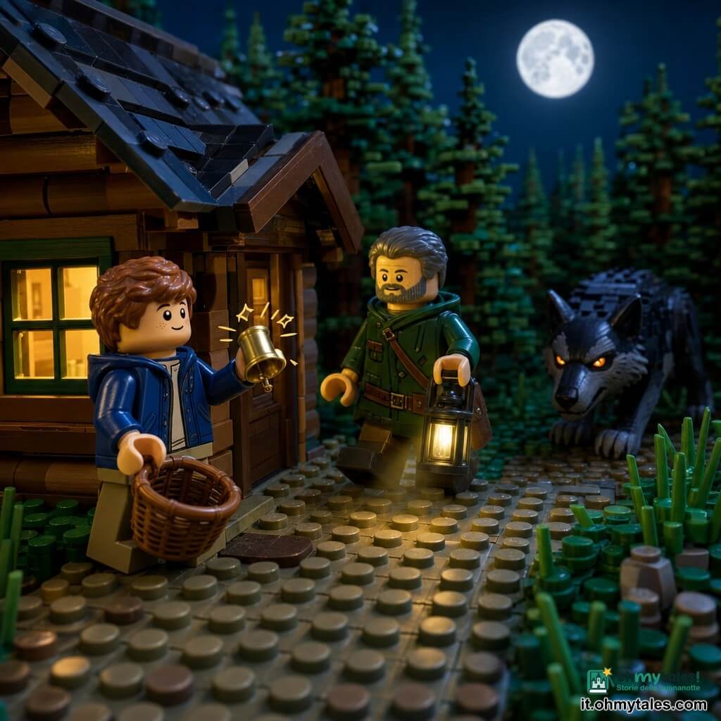 Ragazzo di 6 anni, coraggioso e concentrato, sorriso attento, capelli castani corti, giacca blu e pantaloni beige, in piedi vicino a una finestra con una piccola campanella legata a un cesto di vimini; uomo di circa 40 anni (guardiano del bosco), barba corta grigia, cappotto verde scuro, tiene una lanterna accesa e avanza verso la porta della casa a destra del ragazzo, mezza figura visibile; grande lupo scuro dal pelo nero e grigio, occhi arancio come brace, accovacciato fra gli alberi sullo sfondo e che si ritrae lentamente nell'ombra; luogo: soglia di una casetta di legno ai margini di una foresta fitta, luna piena argentata, case in mattoncini LEGO con finestre quadrate illuminate, erba e cespugli in mattoncini verde scuro; situazione: la campanella nel cesto suona chiaramente con piccole scintille intorno, il lupo si ritira, il guardiano avanza con la lanterna che proietta un cono di luce calda, il ragazzo guarda fuori all'erta ma calmo; stile: colori vivaci e contrastati, illuminazione notturna soffusa, texture LEGO visibili, composizione centrata su cesto e campanella, atmosfera rassicurante nonostante il lupo.