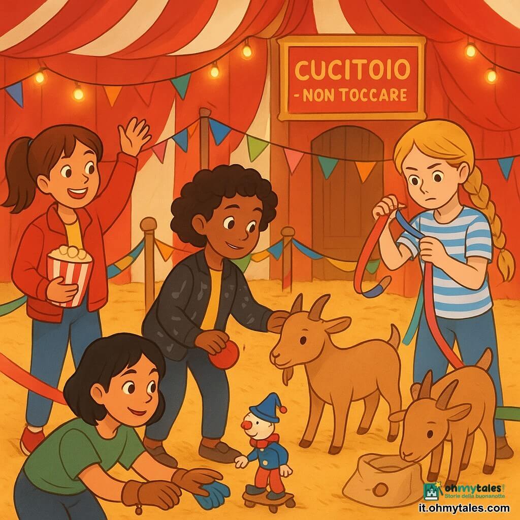 Quattro bambine di 12 anni: Marta capelli castani raccolti in coda, giacca rossa, tiene un secchio di popcorn alzando il braccio per distrarre le capre, si trova a sinistra davanti a una stella disegnata a terra; Giulia capelli biondi intrecciati, camicia a righe blu e bianca, concentrata, sistema un nastro colorato, è a destra vicino ai nastri; Amina pelle olivastra, capelli corti e ricci, giacca con note musicali, fa il "muro umano" e rassicura una capra porgendole una mela, è al centro leggermente indietro; Bea capelli neri vivaci, indossa un guanto con una piccola clessidra cucita e un campanellino al polso, recupera delicatamente un piccolo pacchetto di guanti davanti alle altre. Sotto un grande tendone da circo rosso e bianco con paglia sul pavimento, pali con nastri colorati che formano un percorso a zigzag, luci calde appese e una porta con l'insegna "CUCITOIO - NON TOCCARE" sullo sfondo, le bambine organizzano una "fila gioiosa" con nastri svolazzanti, campanellini tintinnanti, un clown-trenino che fa l'inchino, due capre vicino a un pacchetto di guanti: atmosfera vivace, ordinata e colorata, sorrisi e movimento.