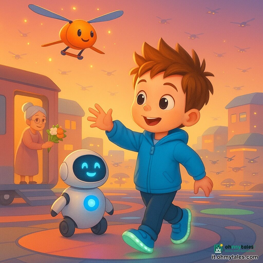 Un bambino di 6 anni, Leo, allegro e concentrato, capelli castano chiaro a ciuffi, grandi occhi curiosi, giacca blu brillante e scarpe con LED, tende la mano verso un piccolo drone arancione; Nino, robot-compagno tondo su ruote con scocca bianca, luce blu lampeggiante sul petto e volto sorridente a LED, lo segue a pochi passi a destra; il drone, della dimensione di un gatto con ali sottili e luci LED, volteggia sollevato sopra Leo tenendo un mazzo di fiori che sta consegnando a Nonna Rosa, donna di circa 70 anni con capelli grigi raccolti in chignon e vestito rosa pallido alla porta di una casa modulare sullo sfondo a sinistra; ambientazione porto di droni futuristico con piattaforme circolari, rampe trasparenti, case modulari pastello in movimento e decine di mini droni sotto un cielo crepuscolare aranciato; scena calda e luminosa al tramonto, colori vivaci e texture morbide, incentrata sulla connessione tra bambino, robot e drone.