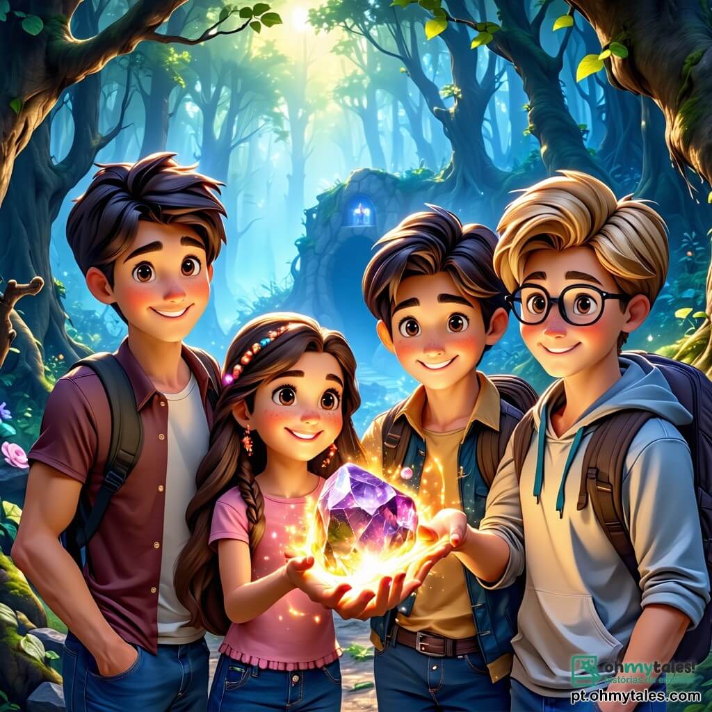 Em uma floresta encantada, quatro amigos estão juntos: Lila, uma menina de nove anos com longos cabelos castanhos e olhos brilhantes, sorri segurando uma pedra mágica brilhante. À sua direita, Hugo, um menino de nove anos com cabelos loiros bagunçados e um olhar audacioso, aponta para uma caverna misteriosa ao longe. À esquerda, Tomás, um menino de cabelos castanhos e óculos redondos, observa com curiosidade uma árvore imensa com folhas cintilantes. Por fim, Ana, uma menina de cabelos negros e trançados, observa atentamente uma criatura mágica que voa ao redor deles. O lugar é uma floresta vibrante, cheia de cores brilhantes: árvores de troncos grossos e tortuosos, flores multicoloridas que brilham como estrelas e borboletas gigantes com asas iridescentes que dançam no ar. Ao fundo, uma majestosa montanha se ergue, com uma caverna escura que parece abrigar um segredo. A cena principal mostra os quatro amigos, reunidos e prontos para entrar na caverna do dragão Zarkon, com a pedra mágica iluminando seu caminho, simbolizando sua coragem e amizade diante do desconhecido.