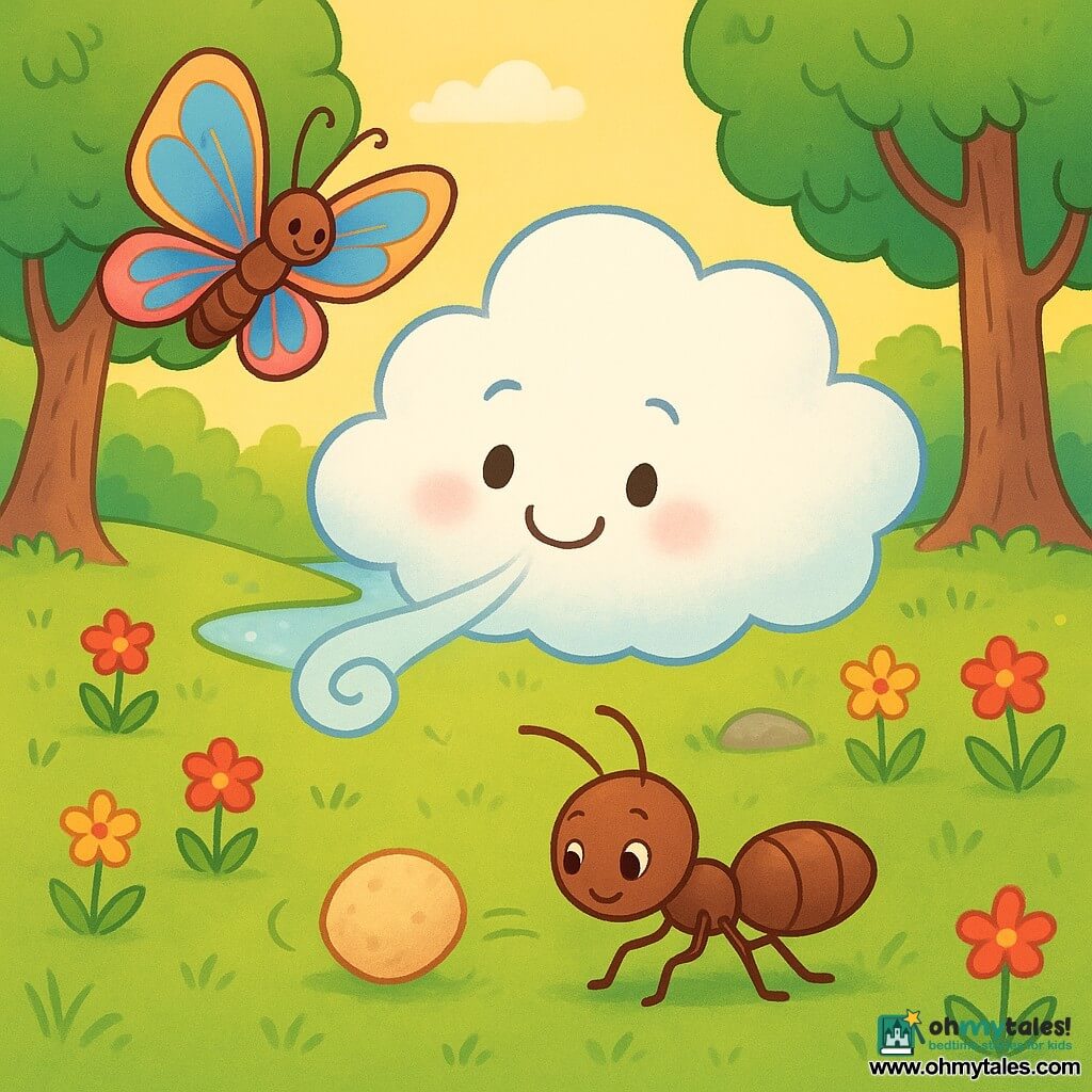 A small fluffy white cloud with soft rounded edges and a gentle glow smiles warmly, cheeks rosy, and blows a delicate breeze downward to roll a large beige crumb for a tiny shiny brown ant with curious eyes standing slightly right beneath it, while a colorful butterfly with large blue-pink wings and golden veins hovers above left, watching happily; the scene is a bright forest clearing with green grass dotted with yellow and red flowers, simple-leaved trees, a sparkling silver stream and smooth stones, pastel colors, comforting and gently animated, centered and child-friendly.