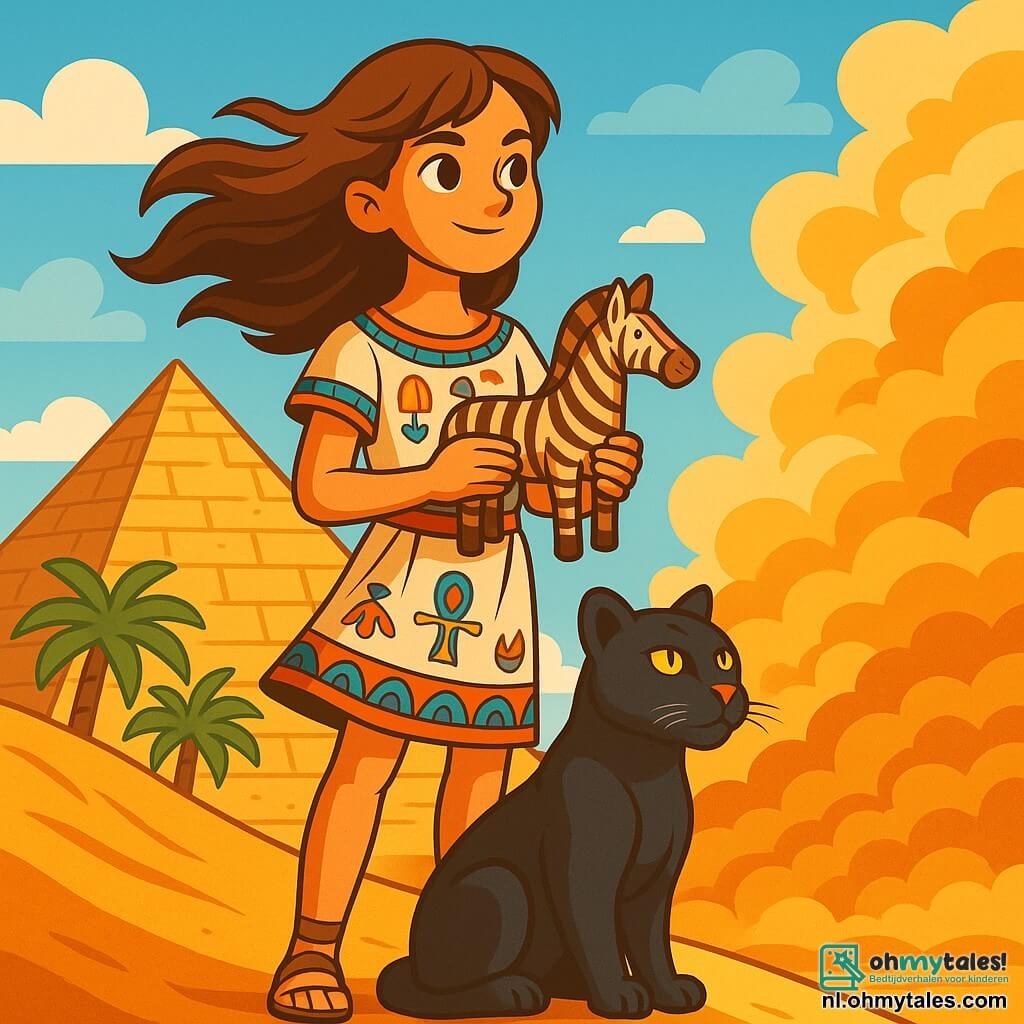Rhea, een zestienjarig meisje, staat trots aan de rand van een grote gouden duin, haar bruine haar waait in de wind en een vastberaden blik verlicht haar gezicht. Ze draagt een lichte tuniek versierd met Egyptische patronen en houdt een houten zebra in haar handen, symbool voor haar moed. Aan haar voeten zit Bast, haar trouwe pantermaatje, met zijn glanzende zwarte vacht onder de zon en zijn gele ogen die beschermend in de verte kijken. Op de achtergrond staat de majestueuze piramide, met zijn oude stenen die schitteren onder de zon, omringd door groene palmbomen en een stralende blauwe lucht met donzige witte wolken. De scène toont Rhea die zich voorbereidt om de mysterieuze zandstorm tegemoet te treden die zich voor haar opbouwt, wat haar reis naar zelfontdekking en de uitdaging die haar te wachten staat symboliseert.