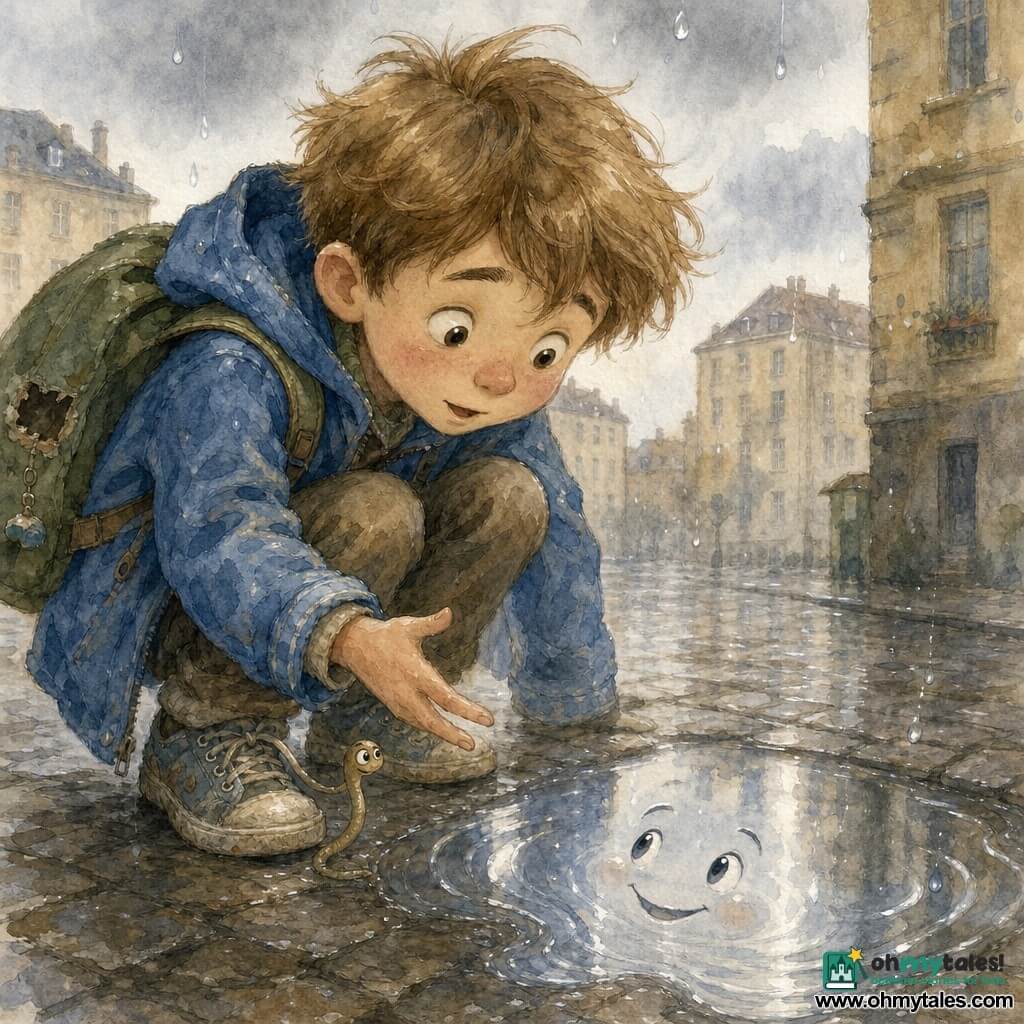 An 8-year-old boy, Milo, crouches with a delighted, slightly embarrassed expression—messy brown hair, oversized blue jacket and broken green backpack—reaching toward a shiny anthropomorphized puddle called "Puddle" that smiles, shivers and shows silvery mirror-like reflections and small ripples; a rebellious left shoelace, animated like a little worm, dangles from his foot and watches the puddle; wet gray cobbled sidewalk with fine splashes, beige apartment buildings and a pearl-gray sky with a few raindrops; close composition, soft colors, bright contrast on the puddle’s mirrored surface, whimsical and warm mood.