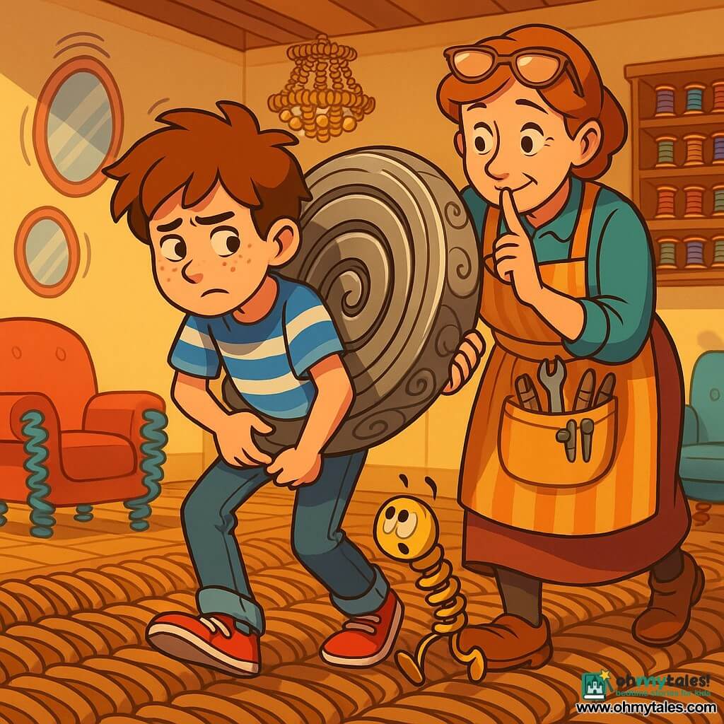 A 12-year-old boy with tousled brown hair, freckles and a focused, slightly anxious expression, wearing a blue-and-white striped T-shirt, worn jeans and red sneakers, and Ms. Sprocket, a woman of about 40 with a gentle smile, reassuring eyes, safety glasses on her forehead and a striped apron full of odd tools, strain to carry a heavy engraved metal coil while whispering, as a small golden spring called Little Coil—timid and slightly bent—jumps by the boy’s shoes for encouragement, in a bright whimsical living room with woven spring flooring, colorful spring chairs, trembling round mirrors, shelves of spools and a chandelier of tiny springs; they walk slowly, bent and serious but caring, stabilizing the bouncing room in a warm, absurd scene of vivid colors, shiny metallic textures and soft reflections.
