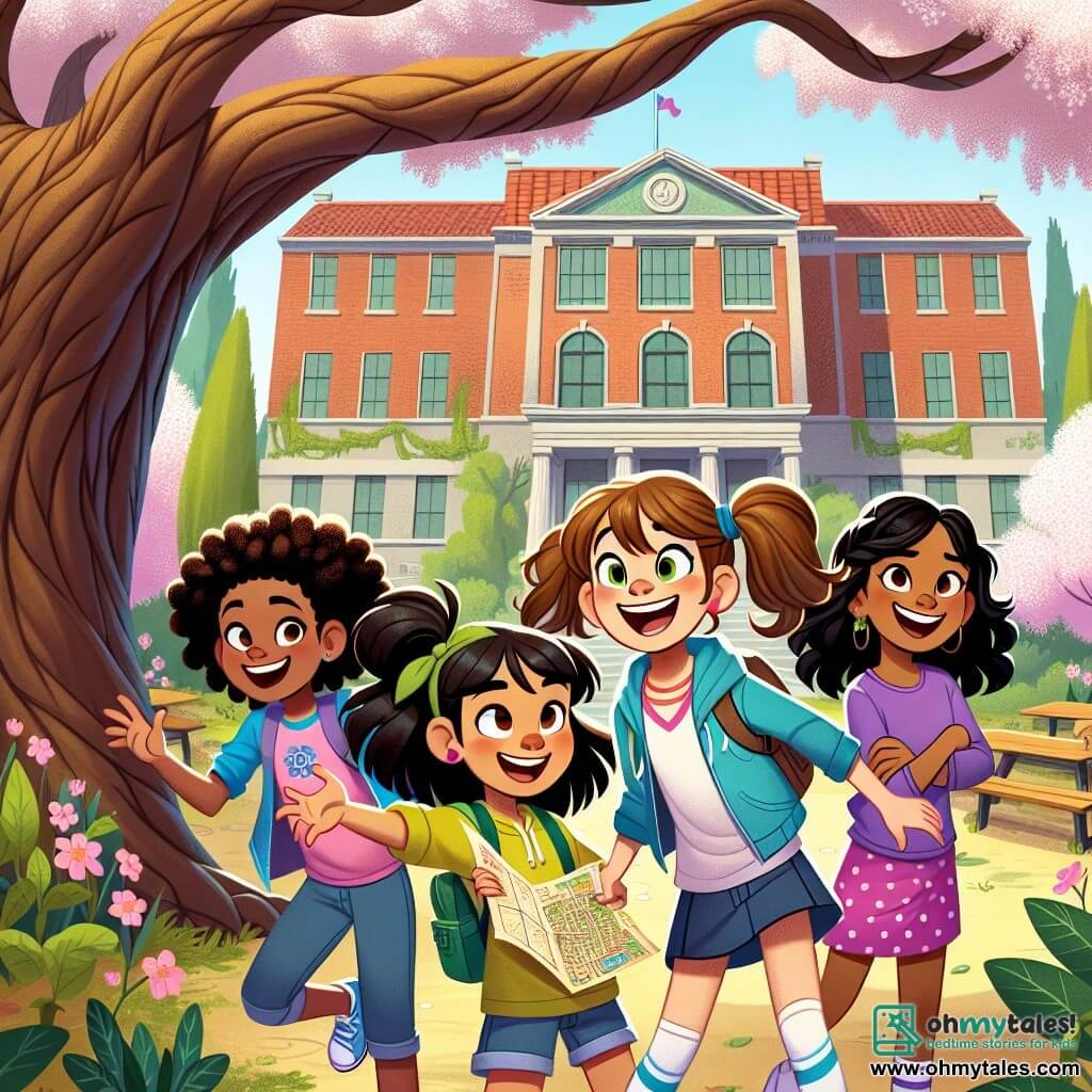 In an old schoolyard, four ten-year-old girls stand under a large oak tree, surrounded by blooming cherry blossoms. **Lisa** has brown hair in pigtails, wearing a blue t-shirt and pink shorts, holding a treasure map with an excited smile. **Maya** has curly black hair and wears a yellow polka dot dress, jumping for joy with her arms raised, ready for adventure. **Emma** has blonde hair with bangs, dressed in a green hoodie, curiously examining the map as if deciphering a mystery. **Zuri** has braided hair and wears a purple t-shirt with jeans, crossing her arms with a determined expression, ready to tackle the puzzle ahead. The setting features old brick buildings, a bright blue sky, and majestic trees, with the welcoming oak tree at the center, its branches spreading like open arms. The scene depicts the four friends discovering a mysterious treasure map, surrounded by an aura of adventure, eager to embark on an exciting quest to solve the mystery that awaits them.