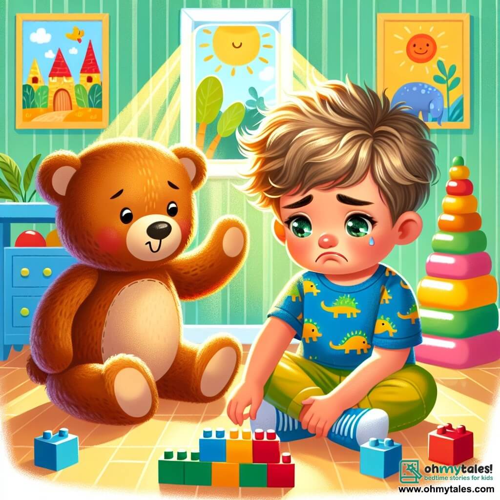 A 2-year-old boy with messy blonde hair and sparkling eyes is sitting on the floor, looking sad with a small pout on his face. He is wearing a blue t-shirt with dinosaurs and yellow pants. Next to him is his teddy bear, Teddy, a brown bear with a warm smile that seems comforting. The scene takes place in a bright room filled with colorful toys, with pastel green walls and sunlight filtering through a window. Building blocks are scattered around them. The little boy looks at the blocks with a sad expression, while Teddy, with a raised paw, encourages him to play and smile. The main moment shows the boy starting to feel better, ready to build a big block castle, with bright and cheerful colors illuminating the image.