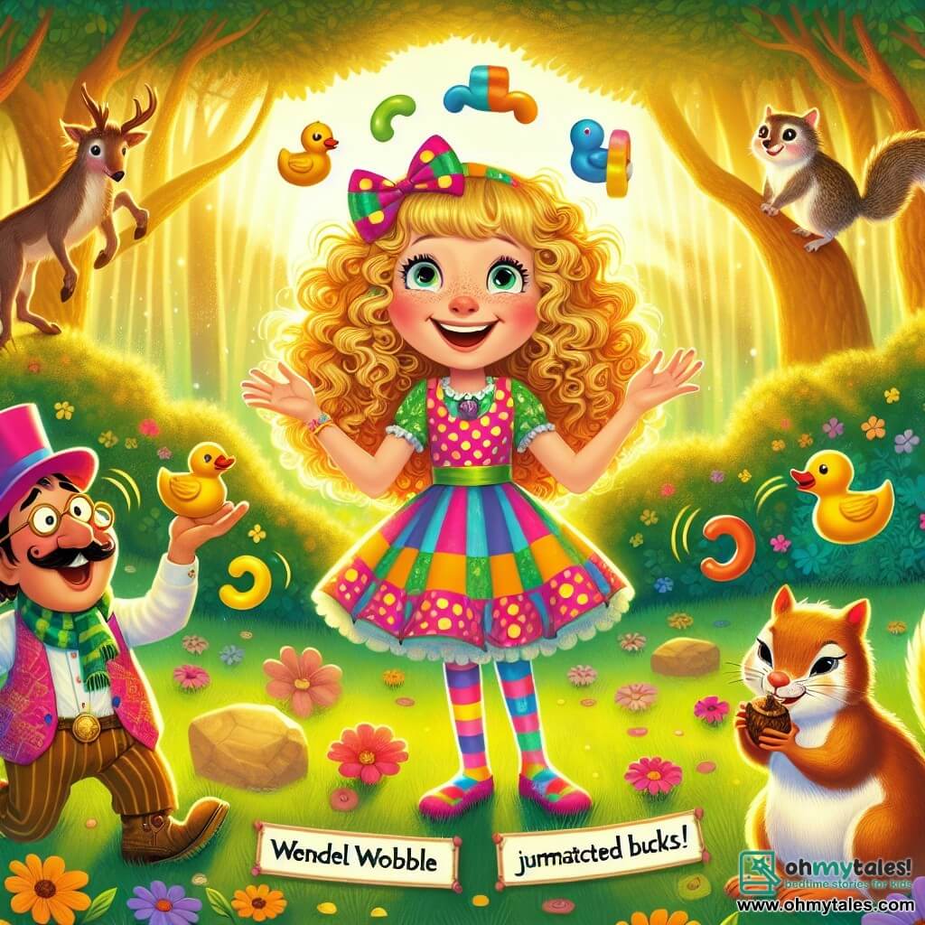Lulu, an 11-year-old girl with curly golden hair, wears a colorful polka-dot dress and mismatched socks. She has a big smile on her face, her eyes sparkling with excitement as she stands in the middle of an enchanted clearing surrounded by animals. Wendel Wobble, a funny and wobbly man, is also there. He wears a pink top hat and multicolored socks, juggling rubber ducks while laughing exuberantly. Nutty, a small squirrel with bright eyes and a bushy tail, is perched on a branch, holding an acorn and curiously watching Lulu. The clearing is bathed in golden light, with colorful flowers dancing in the breeze and majestic trees creating a magical setting. In this scene, Lulu is about to participate in a riddle contest with the animals, her heart racing with excitement, while Wendel and Nutty cheer her on with laughter and applause.