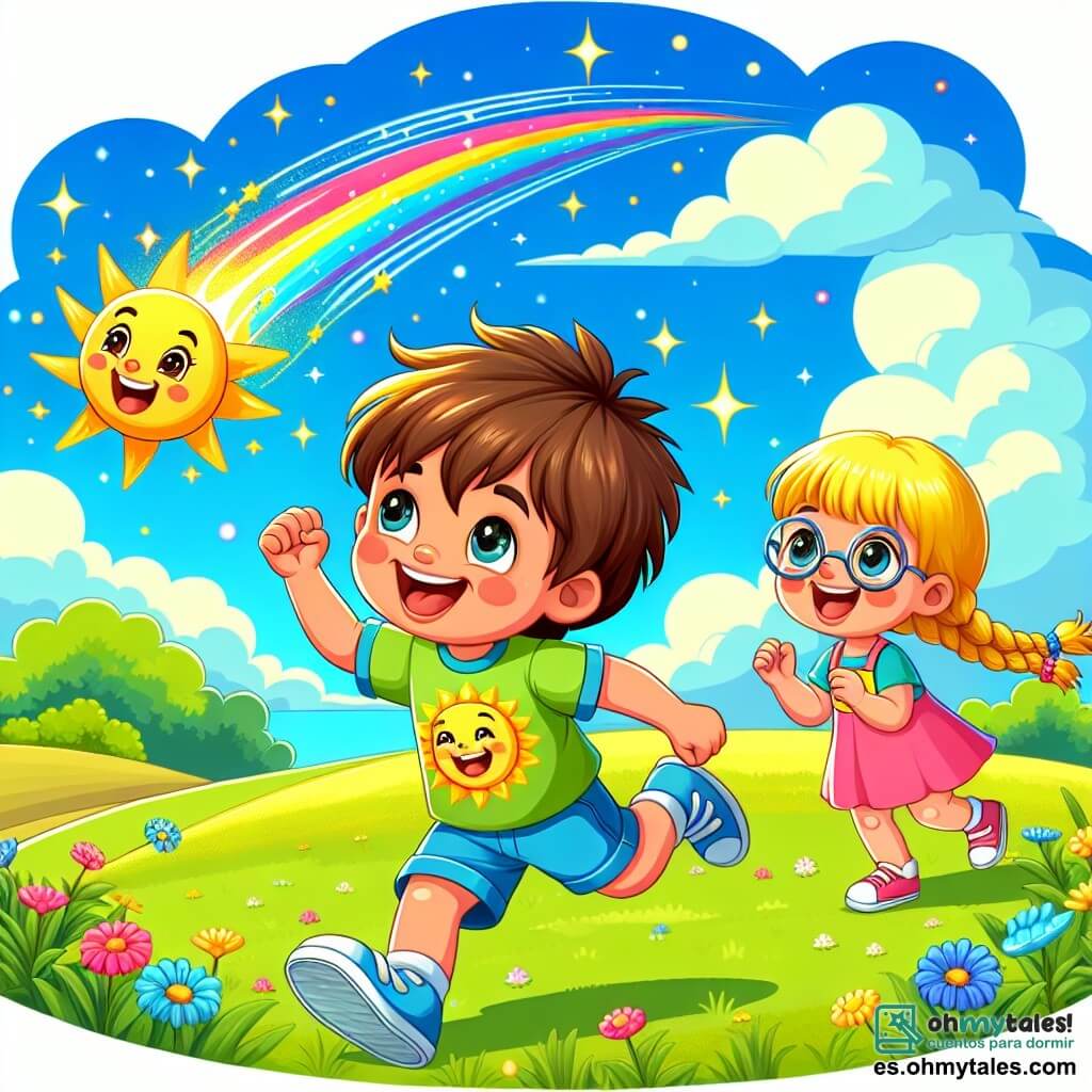 Un niño de 4 años, llamado Tomás, con cabello castaño desordenado y ojos brillantes de alegría, corre en un campo verde, sosteniendo una cometa colorida que se eleva en el cielo azul. Lleva una camiseta amarilla con un sol sonriente y pantalones cortos azules, mostrando una gran sonrisa de emoción. A su lado, una niña de 5 años, llamada Sofía, con largos cabellos rubios trenzados y un vestido rosa, lo anima levantando los brazos, maravillada por la cometa que vuela alto. Un niño de 6 años, Lucas, con cabello negro y gafas, se queda un poco atrás, cantando y bailando, sumando a la atmósfera festiva. El lugar es un amplio campo soleado, salpicado de flores coloridas, con un cielo azul claro y algunas nubes blancas. La situación principal muestra a Tomás y sus amigos divirtiéndose juntos, corriendo y riendo, mientras la cometa se eleva en el cielo, simbolizando la alegría y la amistad durante las vacaciones de verano.