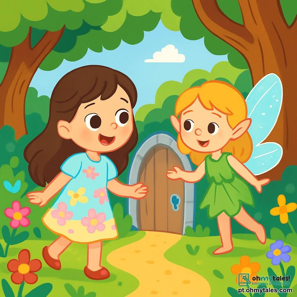 Uma jovem chamada Lila, com longos cabelos castanhos e olhos brilhantes de curiosidade, está diante de uma pequena porta de madeira prateada, seu rosto iluminado pelo espanto e pela excitação. Ela veste um vestido leve em cores pastel, decorado com flores delicadas. Ao seu lado, uma pequena fada de cerca de 10 anos, com cabelos dourados e um vestido feito de folhas, sorri e a convida a entrar. O cenário é um jardim encantado, repleto de flores coloridas, grandes árvores com troncos retorcidos e um caminho dourado que serpenteia pela vegetação. A luz do sol filtra pelas folhas, criando sombras dançantes no chão. Lila, intrigada e alegre, se prepara para atravessar a porta misteriosa, enquanto a fada a encoraja com um olhar cúmplice, prometendo aventuras mágicas além desse limiar.