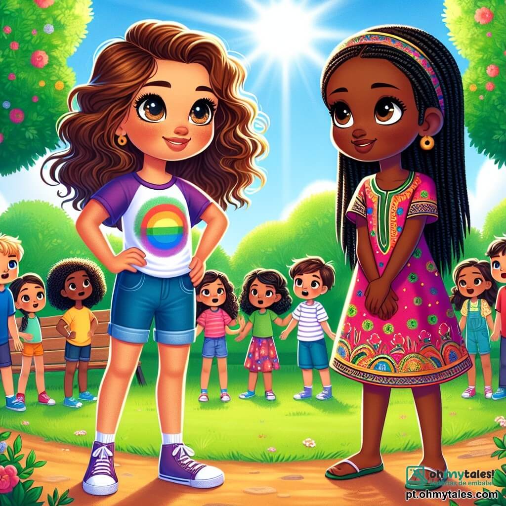 Em um parque ensolarado, vemos **Sofia**, uma menina de 10 anos com cabelos castanhos ondulados e olhos brilhantes, vestindo uma camiseta colorida e um short. Ela está à esquerda, com os braços cruzados e uma expressão determinada. Ao lado dela, **Amina**, uma menina de 10 anos com longos cabelos negros trançados e pele morena, usa um vestido tradicional colorido. Ela está à direita de Sofia, olhando para as outras crianças com um sorriso tímido, mas orgulhoso. Atrás delas, um grupo de crianças de diferentes origens étnicas, algumas com pele clara e outras com pele escura, formam um círculo, visivelmente surpresas e curiosas, com expressões que vão da incompreensão ao interesse. O local é um parque vibrante, com árvores verdes luxuriantes, flores coloridas e um céu azul brilhante. Ao fundo, há um pequeno grupo de bancos onde outras crianças brincam e riem, criando uma atmosfera alegre e acolhedora. A situação principal mostra Sofia falando corajosamente, defendendo Amina de crianças que a zombam. Sofia levanta a mão para chamar a atenção, enquanto Amina observa com gratidão. A ilustração captura esse momento de solidariedade e bravura, simbolizando a amizade e a luta contra o racismo.