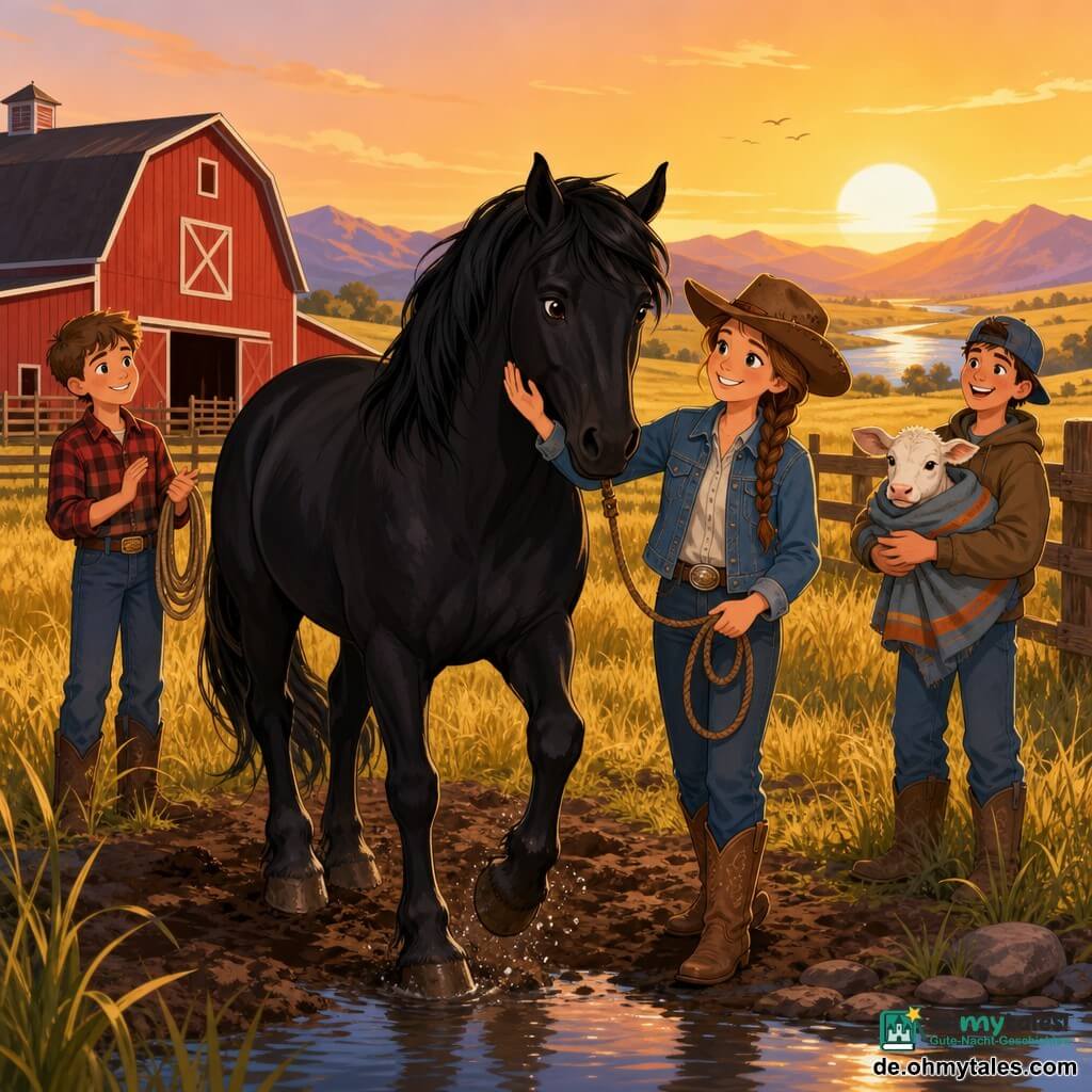 Die Hauptfigur ist ein Cowgirl, gelassen und entschlossen, lächelnd, braune geflochtene Haare, abgenutzter Cowboyhut, blaue Jeansjacke und staubige Lederstiefel, sie streichelt sanft einen großen schwarzen Mustang mit glänzenden Augen; links leicht im Hintergrund ein etwa 14-jähriger Junge mit kurzem Haar, Karohemd und Jeans, hält ein Seil und schaut bewundernd; rechts ein etwa 16-jähriger junger Mann, lachend, mit rückwärts getragenem Cap, hält ein kleines weißes Kalb eingewickelt in den Armen neben einer Holzbarriere; Schauplatz: goldene Wiese bei Sonnenaufgang mit wehenden hohen Gräsern, große rote Scheune links, schimmernder Fluss im Hintergrund und ferne Berge unter orangem Himmel; Szene: das Cowgirl hat nach einem Sturm das Vertrauen des Mustangs gewonnen und führt ihn behutsam aus einem schlammigen Gehege zum Rand eines kleinen Teichs, die Nebenfiguren klatschen und lächeln.