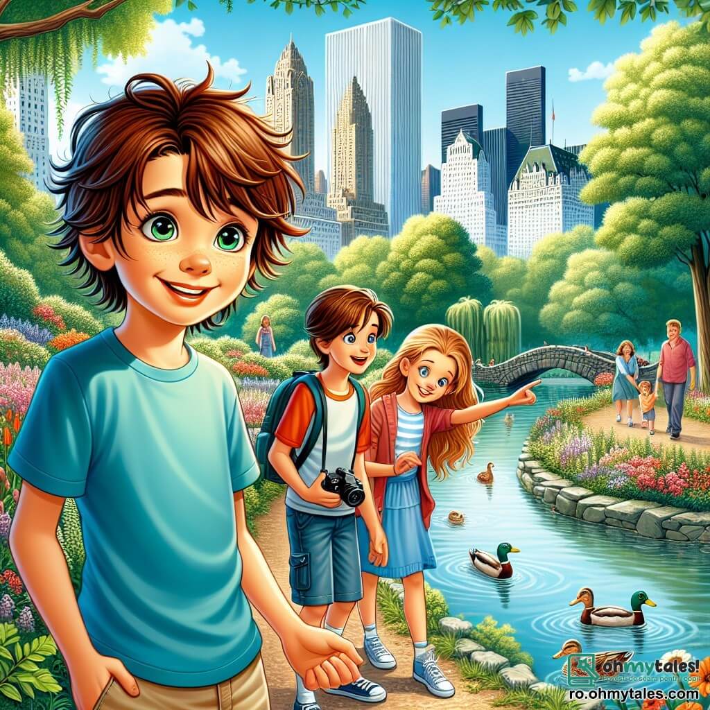 Un băiat de 12 ani, Andrei, cu părul castaniu și ochii strălucind de curiozitate, se află în mijlocul Central Park-ului din New York. Poartă un tricou albastru și o pereche de pantaloni scurți bej, iar fața lui exprimă o bucurie intensă în timp ce admiră copacii mari și florile colorate din jur. Lângă el, cea mai bună prietenă, Iulia, o fetiță de 11 ani cu părul lung și blond, zâmbește ținând un aparat foto, pregătită să surprindă acest moment magic. Un pic mai încolo, Radu, un băiat de 12 ani cu ochelari și părul brun, arată spre o fâșie de apă unde înoată rațe, cu ochii strălucind de entuziasm. Parcul este plin de verdeață luxuriantă, cu alei sinuoase bordate de flori strălucitoare și familii care se plimbă. În fundal, se văd celebrele zgârie-nori din New York, ridicându-se măreț împotriva unui cer albastru deschis. Principalul aspect arată cum Andrei și prietenii săi se distrează împreună, descoperind frumusețea naturii în inima orașului, plini de uimire și bucurie.