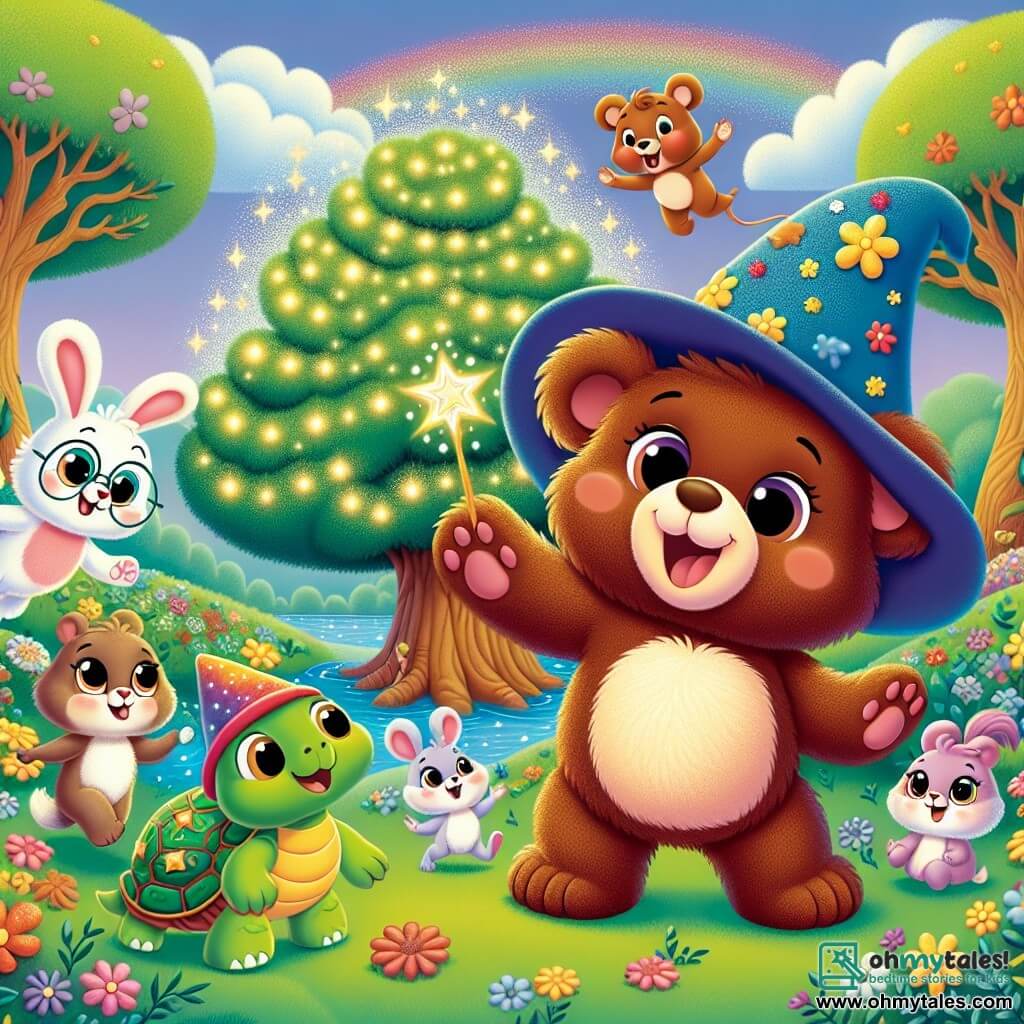 Barry, a brown bear with soft, silky fur, is at the center of the image, smiling broadly with sparkling eyes, wearing a magical hat that shines brightly. Next to him, Millie, a small mouse with large round glasses and a curious expression, raises a paw to point at a trembling magical tree. Roger, a rabbit with big ears and white fur, is joyfully hopping with a mischievous grin, while Tina, a turtle with a green shell adorned with flowers, watches with a wise and amused look. In the background, a beautiful enchanted forest landscape stretches out, featuring vividly colored trees, sparkling flowers, and a blue sky dotted with fluffy clouds. The scene depicts Barry and his friends discovering a magical tree shaking its branches, creating an atmosphere of adventure and magic.