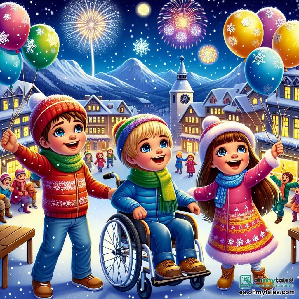 Tres amigos están en el centro de la escena: Lucas, un niño de 8 años con una sonrisa brillante y un gorro rojo, levanta los brazos maravillado por los globos de colores que se elevan. A su derecha, María, una niña de 7 años con largos cabellos castaños y una bufanda de colores vivos, mira al cielo con ojos brillantes y una gran sonrisa. A la izquierda, Tomás, un niño de 9 años, está sentado en su silla de ruedas decorada con copos de nieve, riendo alegremente mientras sostiene un globo azul. El lugar es una encantadora plaza central, rodeada de montañas nevadas, donde luces brillantes iluminan las cabañas de madera. Copos de nieve caen suavemente, creando una atmósfera mágica, mientras un gran reloj en el centro de la plaza cuenta los segundos antes de la medianoche. La escena muestra a los tres amigos lanzando sus globos hacia el cielo estrellado, llenos de deseos para el nuevo año, mientras fuegos artificiales estallan en el fondo, iluminando la noche con colores vibrantes.