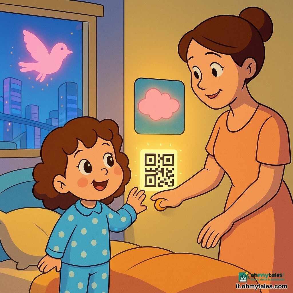 Una bambina di 4 anni, gioiosa e meravigliata, capelli castani ricci, guance rosa, occhi tondi e brillanti, con una maglietta a pois e un pigiama blu posa la sua piccola mano su un codice QR luminoso attaccato al muro vicino al letto; una donna adulta (madre, circa 30 anni), sorridente e dolce, capelli raccolti in uno chignon e vestito semplice color pesca, è in piedi vicino al letto e preme un piccolo pulsante giallo sotto uno schermo flessibile per ricaricare il dispositivo; sullo sfondo un uccello olografico rosa fluttua vicino alla finestra proiettando piccole scintille, la stanza è morbida e colorata con pareti pastello, cuscini arrotondati e una finestra ampia che mostra una città futuristica con grattacieli di vetro colorato e vie aeree; il codice QR è un piccolo quadrato bianco e nero circondato da un alone soffuso, lo schermo flessibile proietta una nuvola olografica rosa sopra il letto e la scena ritrae il momento magico in cui il codice si illumina e comincia a raccontare una storia, con luci calde, silhouette morbide ed espressioni rassicuranti.