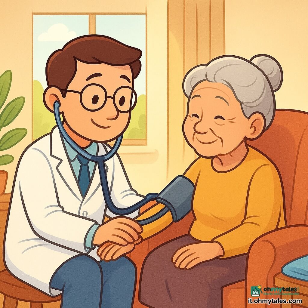 Medico: uomo sorridente e premuroso, occhiali sottili, capelli castani corti, camice bianco e stetoscopio al collo che posiziona delicatamente un bracciale per la pressione sul braccio; Paziente: nonna di circa 80 anni, capelli grigi raccolti in uno chignon morbido, tratti segnati dal tempo e occhi vivaci, seduta su una poltrona comoda che tiene la mano del medico sorridendo; Ambiente: stanza luminosa con una grande finestra, piante in vaso, un tavolino e pareti color crema con luce calda; Situazione: il medico la visita con dolcezza, il bracciale si gonfia e si sgonfia, lo stetoscopio vicino al cuore, atmosfera calma e rassicurante, gesti attenti e teneri.
