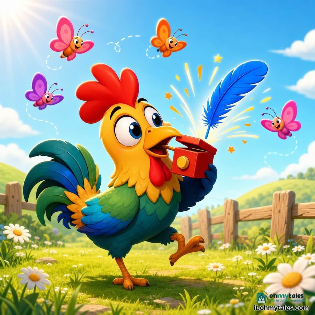 Un gallo meravigliato e sorpreso, occhi grandi e lucenti, cresta rosso vivo, piume lucenti blu-verde-gialle, corpo tondo e zampe sottili, inclina la testa tenendo nel becco una piccola scatola rossa con un grosso pulsante; una piuma blu salta fuori a scoppio con piccole scintille, alcuni piccoli farfalle colorate (rosa, arancione, viola) ridono e girano intorno alla testa, il prato è verde con margherite bianche, una staccionata di legno consunta sullo sfondo e un cielo azzurro con sole morbido e nuvole soffici; il momento esatto in cui la scatola fa "BIP" poi "PUM" e la piuma esplode uscendo, il gallo fa una piccola danza tip‑tap in un'atmosfera gioiosa e burlesca.