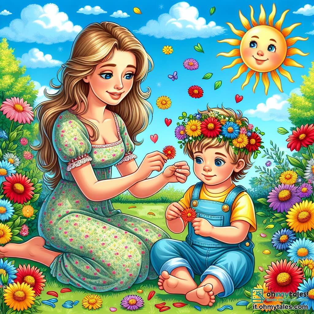 Un bambino di un anno, con capelli biondi e occhi vivaci, è seduto in un giardino soleggiato, sorridendo di gioia mentre tocca fiori colorati. Indossa una salopette blu e una maglietta gialla, e il suo viso esprime grande curiosità e meraviglia. Accanto a lui, la mamma, una donna di circa 30 anni con lunghi capelli castani, indossa un vestito leggero a fiori e sorride teneramente al figlio mentre gli mostra come fare una corona di fiori, seduta sull'erba verde. Il giardino è pieno di fiori brillanti di tutti i colori: rossi, gialli e blu, sotto un cielo azzurro chiaro con alcune nuvole bianche. Alberi con foglie verdi circondano il giardino, creando un'atmosfera tranquilla e gioiosa. La scena principale mostra il bambino e la mamma mentre creano insieme una corona di fiori, simboleggiando la gioia e la bellezza della primavera, con petali colorati sparsi intorno a loro.