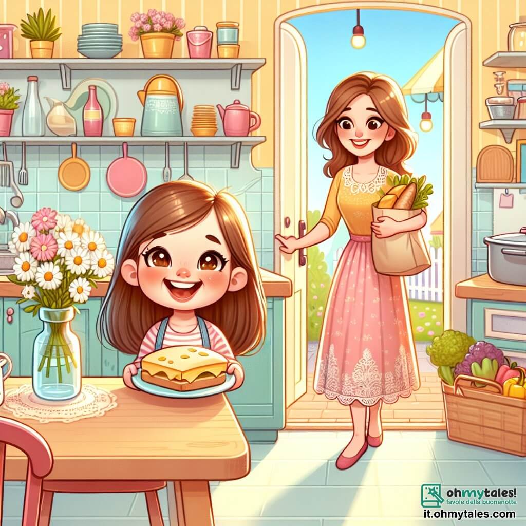 Una bambina di 5 anni, Clara, con lunghi capelli castani e occhi scintillanti di gioia, si trova al centro della cucina con un grande sorriso sul volto. Indossa un bel grembiule a pois colorati e tiene un panino al formaggio tra le mani, pronta a mostrarlo a sua mamma. Sua mamma, Anna, una donna di circa 30 anni con capelli castani e uno sguardo dolce, entra nella stanza con le braccia cariche di spesa. Sembra sorpresa e felice nel vedere la cucina pulita e i fiori sul tavolo. La cucina è calda e accogliente, con pareti dipinte di giallo pastello, mensole piene di stoviglie colorate e una grande finestra che lascia entrare la luce del sole. Clara, piena di eccitazione, ha preparato una sorpresa per la festa della mamma: ha pulito la cucina e decorato il tavolo con fiori, aspettando con impazienza la reazione di sua mamma.