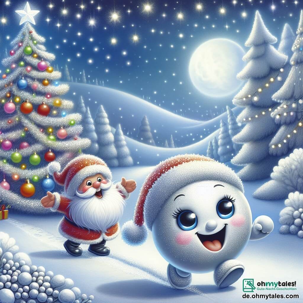Ein kleiner, runder und glänzender Charakter, der eine fröhliche Schneekugel darstellt, rollt begeistert einen verschneiten Weg entlang, seine Augen strahlen vor Glück und ein großes Lächeln ziert sein Gesicht. In der Nähe steht ein majestätischer Weihnachtsbaum, bedeckt mit funkelnden Lichtern und bunten Kugeln, stolz mit schneebeladenen Ästen, während er freundlich zu lächeln scheint. Etwas weiter steht der berühmte Weihnachtsmann mit seinem großen weißen Bart und seinem roten Anzug, lachend und mit offenen Armen, bereit, die Botschaft der Schneekugel entgegenzunehmen. Die Szene spielt in einem magischen Wald, wo sanfte Schneeflocken vom sternenklaren Himmel fallen und die Landschaft in sanftem silbernem Licht erleuchten, eine märchenhafte und warme Atmosphäre schaffen. Der kleine Schneemann bringt dem Weihnachtsmann eine wertvolle Botschaft, ein Moment voller Aufregung und Magie, während die Nacht von Weihnachten naht.
