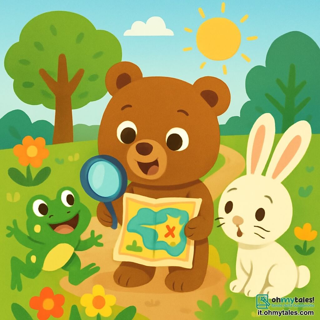 Un piccolo orsetto di nome Leo, con un morbido pelo marrone e occhi scintillanti di curiosità, tiene una lente tra le zampe anteriori, mostrando un'espressione di eccitazione e avventura. Accanto a lui, una piccola rana verde brillante, Pina, con macchie gialle, salta allegramente, i suoi occhi rotondi esprimono entusiasmo. Un coniglietto bianco dalle grandi orecchie, Max, guarda la mappa con aria intrigata, le sue baffi tremolanti. La scena si svolge in un giardino soleggiato, pieno di fiori colorati, alberi verdi e un piccolo sentiero di terra. Al centro, Leo, Pina e Max esaminano una mappa colorata, pronti a partire alla ricerca di un tesoro nascosto, circondati da un'atmosfera di mistero e amicizia.