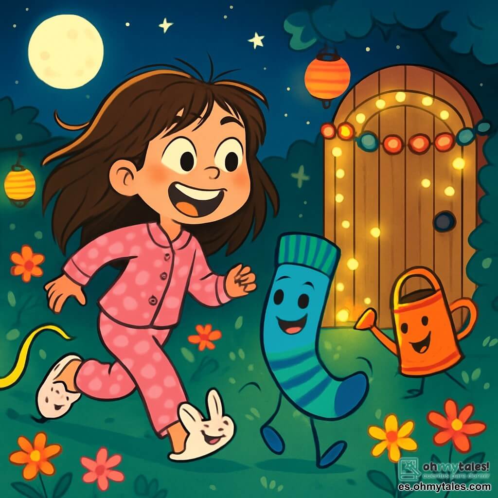 Una niña de 10 años, llamada Martina, con largos cabellos castaños desordenados y una gran sonrisa maravillada, corre en su jardín bajo la luz de la luna. Lleva un pijama rosa con lunares y zapatillas en forma de conejo, y sus ojos brillan de emoción. A su lado, un calcetín azul con rayas verdes y sonrisas, que parece saltar alegremente, está listo para bailar. El jardín está lleno de flores coloridas, farolitos brillantes y objetos animados: una manguera que hace piruetas y una regadera que baila. La escena es mágica, con estrellas brillando en un profundo cielo nocturno. Martina y su calcetín están a punto de atravesar una puerta de madera adornada con pompones de colores, iluminada por luces de hadas. La situación principal muestra a Martina riendo a carcajadas, lista para vivir una increíble aventura con su amigo calcetín, en un mundo donde todo cobra vida.