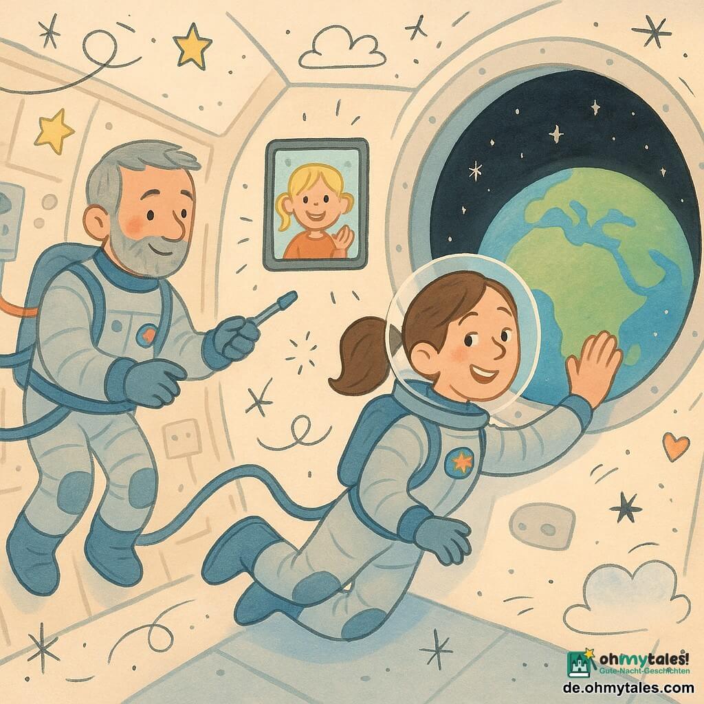 Eine Astronautin in den Dreißigern, erstaunt lächelnd, brauner Pferdeschwanz unter hellem Helm, silber-blauer Raumanzug mit farbigem Abzeichen, schwebend mit einer Hand am großen runden Bullauge und Blick zur Erde; ein Astronaut etwa 45, kurzer grauer Bart, passender Anzug, konzentriert und wohlwollend, mit Gurten an einer Instrumententafel befestigt und ein Werkzeug reichend, leicht hinten links; ein etwa siebenjähriges blondes Mädchen mit Zöpfen auf dem Bildschirm einer schwebenden Tablet-Videokonferenz, lächelnd und winkend, Tablet rechts-mittig; Ort: warmes Innenmodul mit weißen Wänden, Metallpaneelen, bunten Kabeln und Sternaufklebern, großes Bullauge zeigt blauen-grünen Erdball vor sternschwarzem Himmel; Stimmung: gemeinsames Staunen in Schwerelosigkeit, sanfte Beleuchtung in Blau und Silber, ruhige fröhliche Atmosphäre, illustrativer einfacher expressiver Stil mit runden Formen und pastelliger Palette mit lebhaften Akzenten.