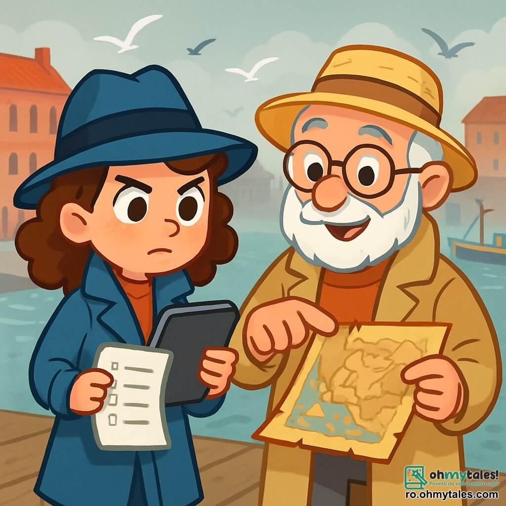 O tânără detectivă, Lara, cu părul brun și creț, poartă un trench bleu și o pălărie de fetru. Are o privire hotărâtă și curioasă, ținând o tabletă într-o mână și o listă de cumpărături în cealaltă, stând pe un ponton din lemn. Lângă ea, un bărbat în vârstă, domnul Marin, cu barbă gri și ochelari rotunzi, zâmbește blând în timp ce arată cu degetul o veche hartă a portului. El poartă un palton bej și o pălărie de paie. Locul este un port vechi, înconjurat de clădiri din cărămidă roșie, cu bărci colorate ancorate și o ceață ușoară care plutește deasupra apei. Lara și domnul Marin examinează cu atenție lista de cumpărături găsită pe ponton, căutând indicii pentru a rezolva un mister, în timp ce atmosfera este plină de excitație și curiozitate.