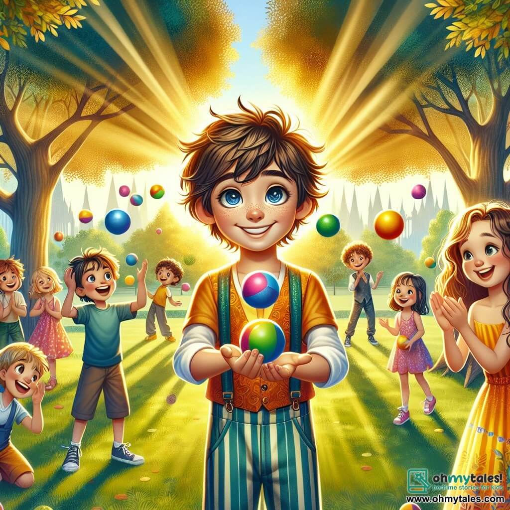 A 10-year-old boy named Oliver stands in the center of the image, with sparkling blue eyes and messy brown hair. He smiles enthusiastically, holding a colorful ball in his hands, ready to juggle. Next to him, a 10-year-old girl named Mia has long, curly hair and wears a bright yellow dress. She claps for Oliver with an encouraging smile, her eyes shining with joy. The background shows a green park with majestic trees and golden leaves, where children gather around, laughing and having fun. Sun rays filter through the branches, creating a warm and welcoming atmosphere. The main scene depicts Oliver and Mia teaching a juggling lesson to a group of captivated children. The image captures the spirit of camaraderie and sharing, with colorful balls in the air, symbolizing joy and hope within their community.