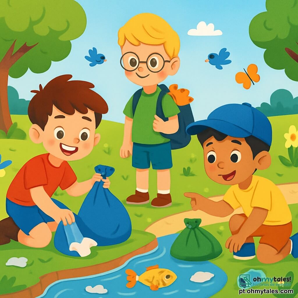 Há 3 personagens: - Pedro: um garoto de 8 anos, com cabelos castanhos bagunçados e um sorriso radiante. Ele usa uma camiseta vermelha e um short azul. Ele está pegando lixo perto do lago. - Lucas: um garoto de 7 anos, com cabelos loiros e óculos redondos. Ele usa uma camiseta verde e um short. Ele segura uma mochila cheia de luvas e sacos de lixo, em pé ao lado de Pedro. - Miguel: um garoto de 9 anos, com cabelos negros e um boné azul. Ele usa uma camiseta amarela e um short laranja. Ele está agachado à beira do lago, mostrando um peixe que nada na água clara. O cenário é um parque ensolarado, com grandes árvores de folhas verdes vibrantes e flores coloridas ao longo do caminho. No centro, um lago cintilante reflete o céu azul, cercado por gramados bem cuidados. Pássaros voam alegremente acima, enquanto borboletas dançam ao redor das flores. A situação principal mostra os três amigos em ação, sorridentes e determinados, limpando o lago. Eles recolhem lixo com entusiasmo, cercados por sacos de lixo coloridos, enquanto admiram a beleza da natureza ao seu redor.