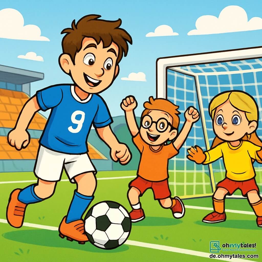 Ein junger Mann, Paul, lächelnd und begeistert, trägt ein blaues Fußballtrikot mit der Nummer 9. Seine braunen Haare sind leicht zerzaust, und seine Augen strahlen vor Aufregung, während er einen Fußball auf einem grünen Feld dribbelt. Neben ihm läuft ein 10-jähriger Junge, Ben, mit runden Brillen und Sommersprossen, fröhlich mit erhobenen Armen, während ein 8-jähriges Mädchen, Mia, mit geflochtenen blonden Haaren im Tor steht, bereit, den Ball zu stoppen. Der Ort ist ein großer sonniger Stadion mit leeren Tribünen im Hintergrund und einem blauen Himmel, der mit weißen Wolken durchzogen ist. Der Rasen ist leuchtend grün, und weiße Linien markieren das Spielfeld. Die Hauptsituation zeigt Paul, der den Kindern beibringt, wie man den Ball dribbelt, während Ben versucht, ihn nachzuahmen und über seine eigenen Ungeschicklichkeiten lacht, während Mia sich entschlossen auf das Tor vorbereitet.
