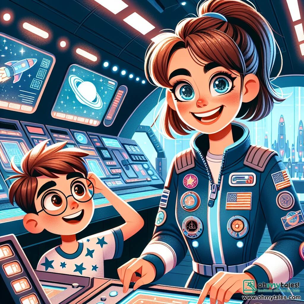 In the foreground, astronaut Captain Elara Vega is depicted with a big smile on her face and sparkling eyes filled with excitement. She wears a navy blue spacesuit adorned with various patches, and her brown hair is tied back in a ponytail. She is checking scientific instruments on a control panel, showing an expression of focus and determination. Beside her, a thirteen-year-old boy named Timmy, with brown hair and round glasses, watches in admiration. He wears a star-patterned t-shirt and shorts, holding a small notebook where he is taking notes. His face is lit up with wonder, and he stands slightly back, ready to assist. The setting is inside a spaceship simulator, with bright screens displaying data and flashing buttons. The walls are painted white and blue, and models of planets float around them, creating a futuristic and captivating atmosphere. The main scene shows Elara and Timmy working together to solve a life simulation problem in space. An alarm sounds, and they focus on the screens, determined to restore oxygen levels, illustrating teamwork and the spirit of space exploration.