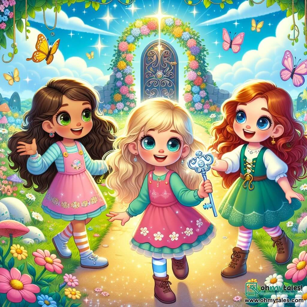 Three little girls, Lily, Mia, and Zoe, stand in the center of an enchanted clearing surrounded by colorful flowers and fluttering butterflies. Eight-year-old Lily has long blonde hair and wears a pink dress with floral patterns, holding a shiny key in her hand and looking around in wonder. Mia, also 8, has curly brown hair and wears a blue tunic; she leans forward with sparkling eyes, asking Zoe a question. Zoe, the youngest at 7, has braided red hair and wears a green dress, smiling joyfully and ready for adventure. In the background, a sparkling path leads to a mysterious door adorned with colorful patterns, hidden behind vines. The sky is bright blue with fluffy clouds, and the sun shines, creating a magical atmosphere. The main scene shows the three friends discovering the shiny key, eager to open the door to a world of questions and adventures, with expressions of joy and excitement on their faces.