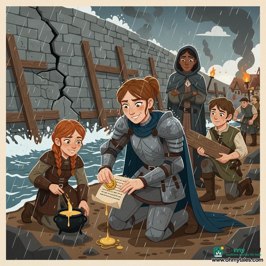 A female knight with a determined, smiling face and bright eyes, dented armor and a soaked cape presses a gold signet ring with a sun motif into hot wax on a parchment at the edge of a cracked stone dam as rain falls; nearby a freckled 12‑year‑old apprentice girl in a braid and leather coat melts wax in a small cauldron, a muddy 14‑year‑old squire holds a wooden board and watches admiringly, and Lady Maris (35–40) in a heavy dripping cloak supervises worriedly from behind; dark churning water, muddy ground, wooden beams reinforcing the wall and flickering torches cast orange reflections; visual style: crisp cut shapes, layered composition, saturated colors muted by rain, visible paper textures and simple expressive outlines.