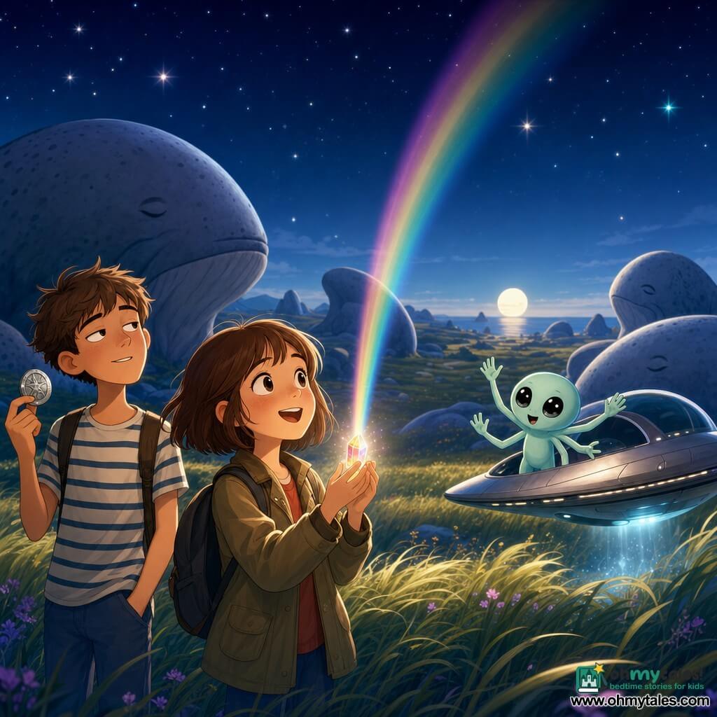 Mina, 12, short chestnut hair, small, face bright with astonishment and sweetness, in a khaki jacket and backpack, holds a small glowing crystal projecting a rainbow; Leo, about 12, half-amused, half-tired, in a striped T-shirt and jeans, stands to Mina's right looking at the sky with a silver badge in hand; Zim, a small round mint-green alien with big black eyes and four thin-armed hands, waves beside a sleek small silver ship that gently lifts above tall grass in "Whale Rock Field" under a clear night with pale whale-like boulders, a low round moon and stars; the scene is soft and magical with saturated colors, sharp contrasts, a blue halo beneath the ship and the crystal's light sparkling.