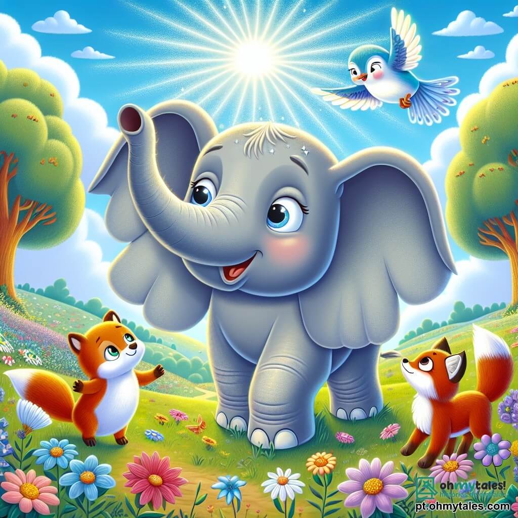 Um elefante chamado Eloá, com uma pele cinza suave e grandes orelhas que flutuam ao vento, está no centro da cena, exibindo um grande sorriso de excitação e curiosidade. Ao seu lado, um pequeno pássaro azul chamado Pipo, com penas brilhantes e olhos cintilantes, voa em círculos ao seu redor, mostrando seu entusiasmo. Um pouco mais atrás, uma raposa vermelha chamada Rola, com pelagem brilhante e olhos tristes, observa Eloá com esperança, pronta para receber ajuda. A cena se passa em um campo encantador, repleto de flores coloridas que dançam com a brisa, sob um céu azul radiante salpicado de nuvens brancas fofas. Ao longe, árvores majestosas se erguem, com suas folhas brilhando ao sol. Eloá e Pipo descobrem juntos a magnífica Flor da Esperança, que brilha como uma estrela no centro do campo, enquanto Rola, cheia de esperança, está ao lado deles, aguardando ansiosamente que seus amigos a ajudem a encontrar seu caminho.