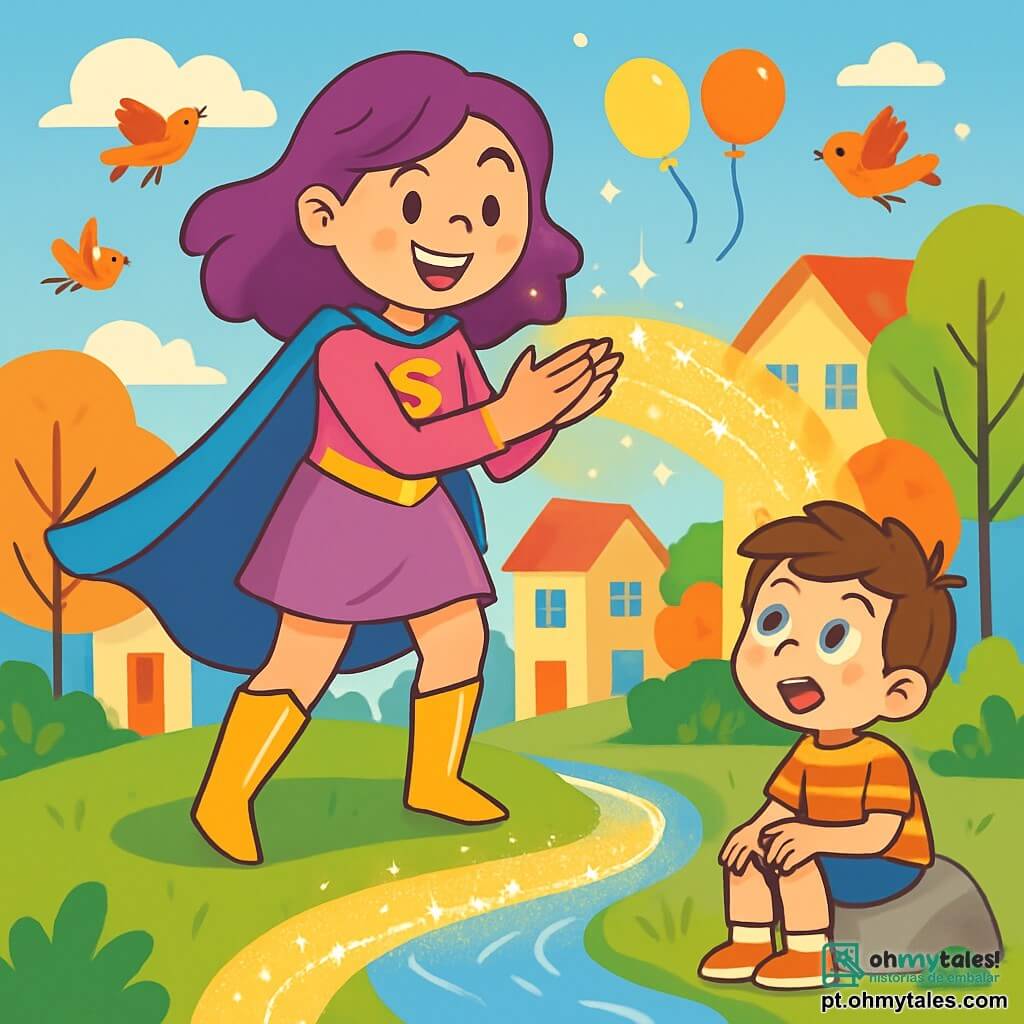 Super Lila, uma mulher heroica com uma capa azul brilhante e botas douradas, está em uma colina verde. Seu rosto expressa determinação alegre, com olhos brilhantes e um sorriso radiante. Ela bate as palmas, criando uma linda ponte de luz que brilha sob o sol. Perto dela, um garoto de 8 anos chamado Max, com cabelo castanho bagunçado e camiseta listrada, a observa admirado. O cenário é um bairro colorido, com casas de fachadas pastel, árvores de folhas multicoloridas e balões flutuando no céu azul. Pássaros cantam alegremente, contribuindo para a atmosfera animada. A cena principal mostra Super Lila usando seus poderes para criar uma ponte de luz, pronta para ajudar Max a atravessar um pequeno riacho cintilante que serpenteia pelo bairro.