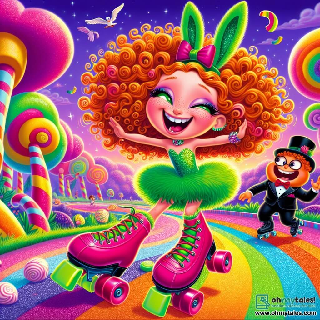 An 11-year-old girl named Bella, with curly, vibrant hair, wears giant roller skates and a neon green feather boa. She has a wide smile and sparkling eyes as she joyfully dances on a rainbow path. Next to her, a 10-year-old boy named Sir Hopsalot is dressed in a sleek black tuxedo with a red bow tie, enthusiastically applauding Bella, his large rabbit ears twitching with joy. A little further away, a giant octopus named Ollie, with colorful arms, skates clumsily, laughing at his own spins. The setting is a fantastical world called Quirkytopia, where trees are made of candy canes and the sky is a bright purple dotted with flying candies. The ground is covered in soft marshmallows that bounce under Bella's skates. The main scene shows Bella dancing on the rainbow path, surrounded by her friends, as they participate in a festive roller-skating race filled with laughter and magic.