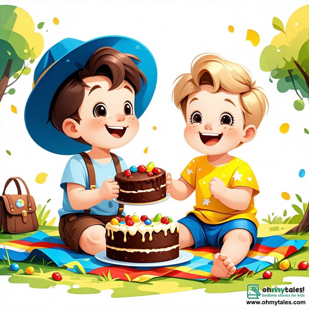 In a sunny park in Sunnyville, three little boys are playing together. Benny, a three-year-old with messy brown hair and a blue hat, is sitting on a colorful blanket holding a large piece of chocolate cake. Next to him, Tommy, also three years old, is wearing a yellow t-shirt with stars and has blonde hair; he is laughing while holding a birthday card decorated with stickers. Leo, the third boy, has brown hair and is wearing a red t-shirt; he is having fun floating a large blue balloon in the air. The park is filled with colorful flowers, tall trees with green leaves, and a bright blue sky. A gentle breeze makes the leaves dance, and birds sing joyfully in the branches. The three friends are gathered around a birthday cake, laughing and sharing cookies, while Benny, with a big smile, blows out the candles on his cake, surrounded by love and friendship.