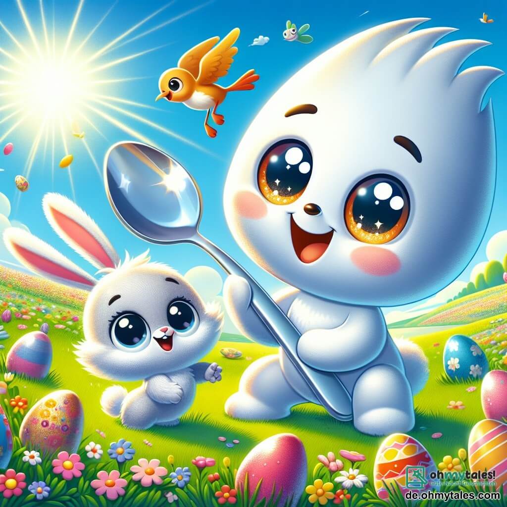 Das Bild zeigt Löffelchen, einen kleinen, lächelnden Löffel mit funkelnden Augen und einem runden Gesicht, der ein buntes Osterei in seinen Händen hält und vor Freude und Aufregung strahlt. Neben ihm ist Hoppel, ein niedlicher kleiner Hase mit großen Ohren und weichem, weißem Fell, der vor Glück springt, seine Augen glänzen vor Neugier. Etwas weiter fliegt Piepsi, ein fröhlicher Vogel mit leuchtend gelben Federn und einem kleinen Schnabel, um sie herum und singt, was der Szene eine fröhliche Note verleiht. Die Kulisse ist eine wunderschöne Frühlingswiese, übersät mit bunten Blumen, wo die Sonne am blauen Himmel scheint und glänzende Ostereier im grünen Gras versteckt sind. Die Hauptsituation zeigt Löffelchen und seine Freunde, die ein großes Nest voller Ostereier und Süßigkeiten entdecken, umgeben von Lachen und Freude, während sie gemeinsam ihr Abenteuer feiern.