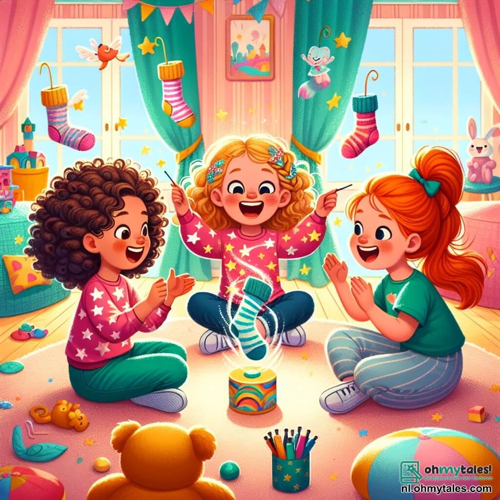 Drie blije meisjes, Emma, Noor en Lotte, 8 jaar oud, zitten in een cirkel op de vloer van een kleurrijke kamer. Emma heeft krullend bruin haar en draagt een roze t-shirt met sterren, ze lacht terwijl ze naar een paar dansende sokken in een hoek wijst. Noor, met gevlochten blond haar en een blauwe t-shirt, applaudisseert enthousiast, terwijl Lotte, met rood haar en een groen t-shirt, opstaat om om de sokken te dansen. De kamer is gevuld met kleurrijk speelgoed, met pastelgele muren en zachte kussens verspreid over de vloer. Een groot raam laat zonlicht binnen, dat de blije scène verlicht. In het midden van de illustratie dansen magische sokken vrolijk, terwijl een groep gekleurde pennen op de tafel begint te bewegen en te praten, wat bijdraagt aan de speelse sfeer. De meisjes, verwonderd, lachen en dansen, waardoor er een feestelijke sfeer in deze betoverde kamer ontstaat.
