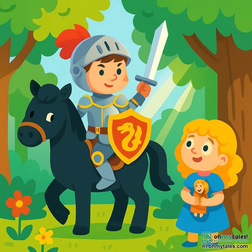 Een jonge ridder, Ridder Finn, staat op zijn zwarte paard, Ster, met een vastberaden en dappere blik. Hij draagt een glanzend harnas versierd met gouden patronen, met een drakenvormig schild in zijn rechterhand en een glinsterend zwaard in zijn linkerhand. Naast hem kijkt een 8-jarig meisje met krullend, goudkleurig haar vol bewondering. Ze draagt een blauwe jurk en houdt een klein houten popje vast, terwijl ze dicht bij de boom staat, met verwonderde ogen. De scène speelt zich af in een betoverd bos, met grote bomen met heldergroene bladeren en kleurrijke bloemen op de grond. Zonnestralen komen door het loof heen en creëren een magische sfeer. Ridder Finn bereidt zich voor om een pad te kiezen, vastbesloten om het dorp van de draak te redden, terwijl het meisje hem aanmoedigt met een hoopvolle glimlach.