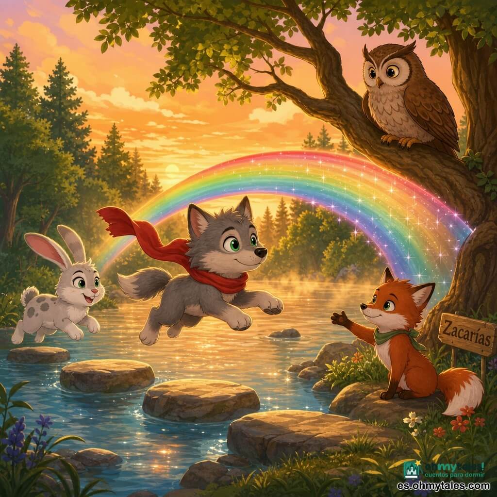 Un lobo pequeño de pelaje gris y ojos verdes, con una bufanda roja flotante y rostro decidido y alegre, salta sobre piedras luminosas junto al río; un conejo blanco con manchas grises, orejas largas y expresión traviesa y alentadora le sigue listo para brincar; un zorro rojizo llamado Zacarías, más pequeño, de hocico sonriente y postura serena, en la orilla extiende una pata amiga; un gran búho marrón de plumaje texturado y ojos sabios observa desde un roble junto al puente; la ribera tiene árboles de hojas verde esmeralda, niebla dorada sobre el agua y pequeñas piedras que brillan como perlas bajo un atardecer anaranjado; un puente que era invisible se revela en arcoíris sobre el agua y los tres aventureros se preparan a cruzar juntos en una atmósfera mágica y optimista.