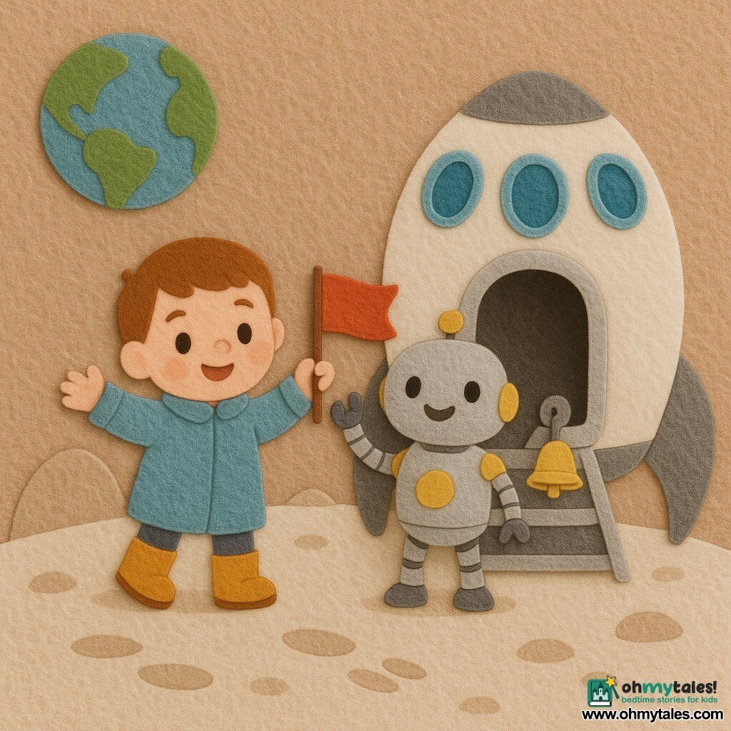 A small, warm, serene boy with round cheeks and bright eyes wears a light blue coat and mustard boots, holds a small red card in his right hand and waves at the moon; to his right a friendly rounded silver robot with yellow accents waves a mechanical hand as they stand on the step of a round white-and-pearl felt shuttle with blue oval windows and an open door with stairs; the pale beige powdery lunar surface has small rounded hills and childlike footprints, Earth appears as a simple blue-green sphere in the background; the landing moment shows the boy planting a small red flag while the robot rings a small bell, with soft pastel colors, felt textures, simple shapes and clear outlines suitable for toddlers.