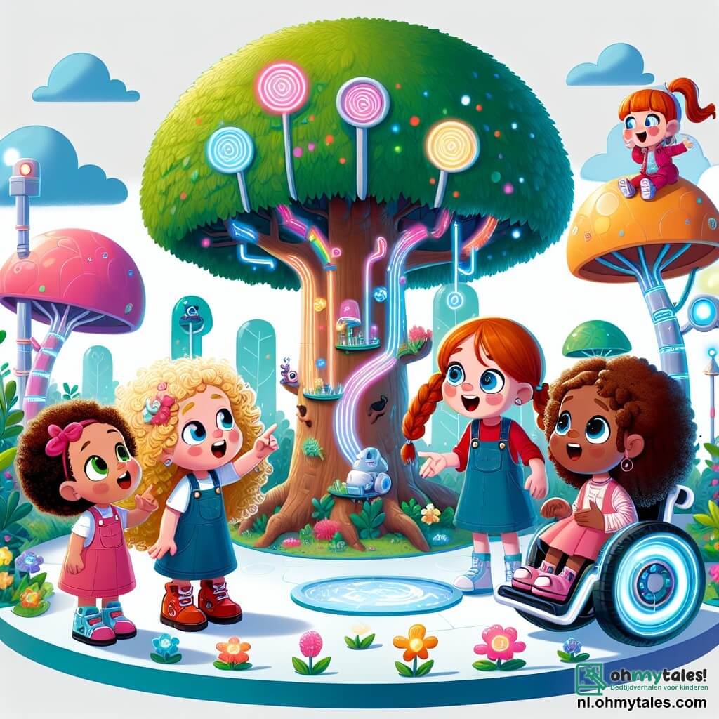 In een futuristisch park staan vier vriendinnen bij elkaar: Lotte, een zesjarig meisje met krullend blond haar en een stralende glimlach, staat op een klein drijvend plateau. Naast haar zit Emma, een zesjarig meisje met steil bruin haar, in haar futuristische rolstoel, versierd met kleurrijke lichten. Noor, een ander zesjarig meisje met rood haar en vlechten, wijst lachend naar de wolken, terwijl Mila, een meisje met kastanjebruin en krullend haar, verwonderd naar de pratende bomen om hen heen kijkt. Het park is gevuld met grote bomen met kleurrijke stammen die lijken te fluisteren, met glanzende bladeren die schitteren in de zon. Overal bloeien luminescente bloemen en kleine glimlachende robots zweven rond, verzamelen afval en zingen vrolijk. De vier vriendinnen luisteren naar een grote eik die verhalen vertelt over de tijd en de wolken, terwijl de Glimlachrobots hen omringen, wat een vleugje magie toevoegt aan deze vrolijke en kleurrijke scène.