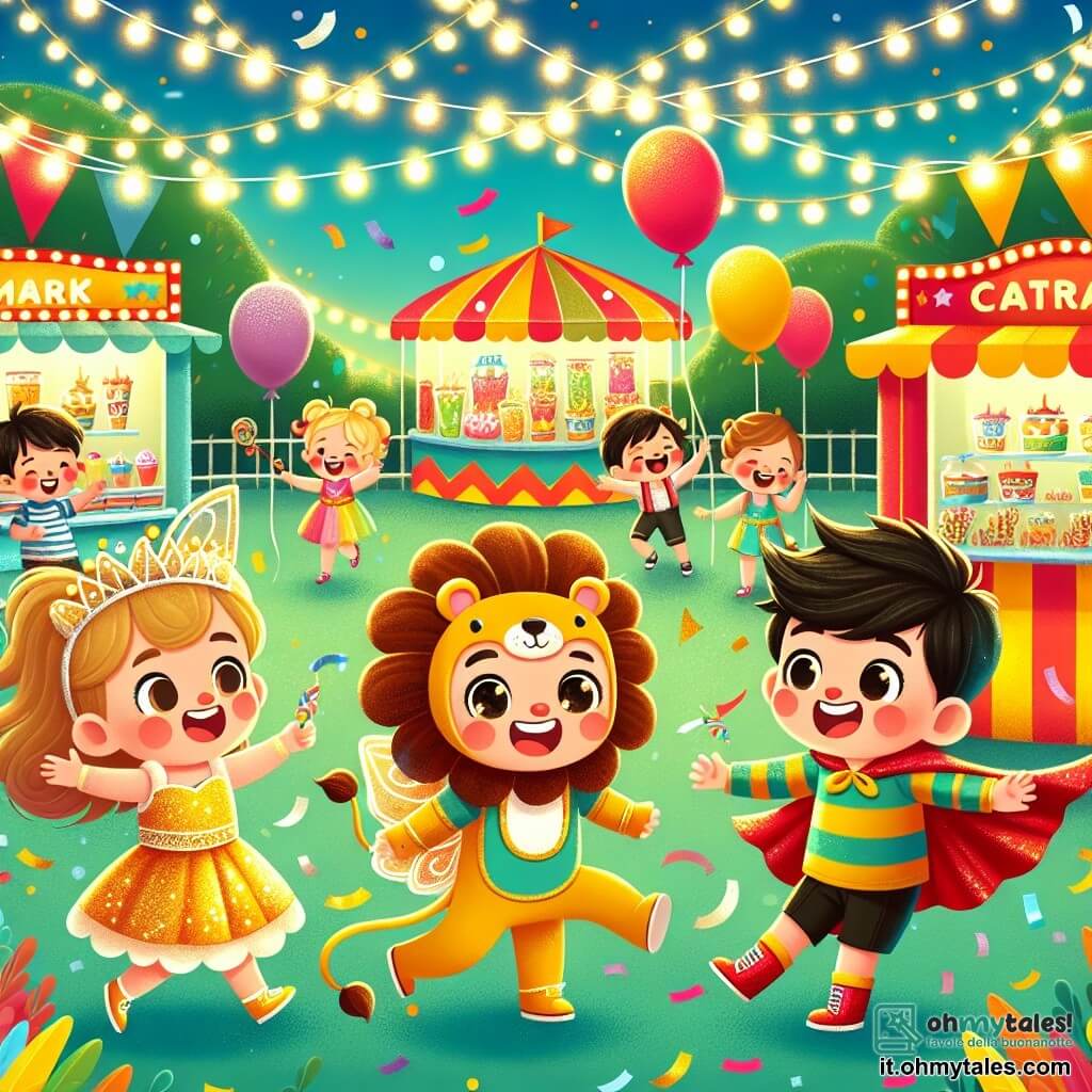 In un parco colorato, tre amici si ritrovano al cuore del carnevale. Marco, un ragazzo di 8 anni con capelli castani e occhi brillanti, indossa un costume da leone dorato e sorride lanciando coriandoli. Alla sua destra c'è Sara, una ragazza di 7 anni con lunghi capelli biondi e un vestito scintillante da fata, che danza ridendo con ali brillanti. A sinistra, Luca, un ragazzo di 8 anni con capelli neri e un mantello rosso, finge di volare come un supereroe, con le braccia aperte. Il decor è pieno di palloncini colorati, stand di dolci e ghirlande di luci scintillanti, creando un'atmosfera festosa. La scena mostra Marco, Sara e Luca, uniti dall'amicizia, mentre si divertono a lanciare coriandoli circondati dall'eccitazione e dai colori vivaci del carnevale.