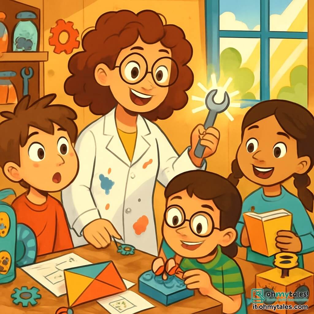 Una donna inventrice, Sofia, con capelli ricci e occhiali tondi, sorride con entusiasmo nel suo laboratorio. Indossa un camice da lavoro macchiato di vernice e tiene un attrezzo lucido in mano. Accanto a lei ci sono tre bambini: Luca, un ragazzo di 10 anni con capelli castani disordinati, che osserva con occhi spalancati; Mia, una ragazza di 9 anni con trecce e un sorriso radioso, che prende appunti su un quaderno colorato; e Tommaso, un ragazzo di 10 anni con occhiali quadrati, che aggiusta un piccolo meccanismo con concentrazione. Il laboratorio è pieno di macchine strane, ingranaggi colorati e piani sparsi su tavoli di legno. Gli scaffali sono carichi di barattoli contenenti pezzi meccanici e strumenti vari. La luce del sole filtra attraverso una grande finestra, illuminando la scena con un'atmosfera calda e creativa. Sofia e i bambini lavorano insieme su un'invenzione: una macchina per far volare gli aquiloni, circondati da prototipi e schizzi. L'eccitazione è palpabile mentre testano la loro creazione, pronti a vedere il loro aquilone volare nel cielo.
