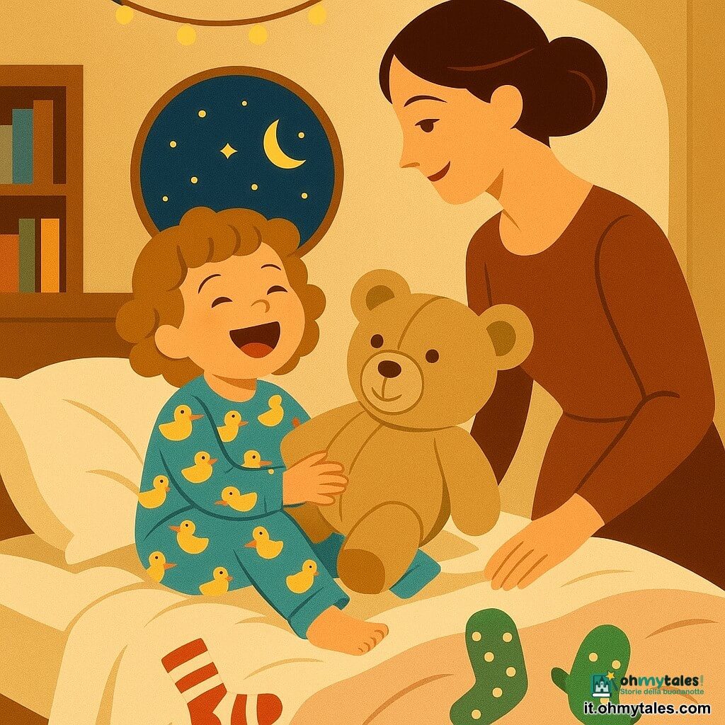 Una bambina di 2 anni, felice e birichina, con capelli castano chiaro ricciolini, indossa un pigiama azzurro con paperelle gialle, tiene un grosso orsacchiotto beige e ride seduta sul letto che sembra saltellare dolcemente; una mamma di circa 30 anni, sorriso dolce e capelli castani raccolti in uno chignon, sta in piedi accanto al letto con la mano sul bordo e la guarda con tenerezza; un grande orsacchiotto beige è rannicchiato accanto alla bambina in atteggiamento protettivo; due calzini colorati — uno a righe rosse e bianche, l'altro a pois verdi — con piccoli piedini saltellano sulla coperta; la stanza è piccola e accogliente, pareti crema con ghirlanda di luci gialle, finestra rotonda sul cielo stellato, tappeto rosa pallido; cuscino soffice come una nuvola, materasso che fa un piccolo balzo comico e lenzuola increspate; scena notturna dolce e divertente, colori pastello, forme semplici e contorni netti.