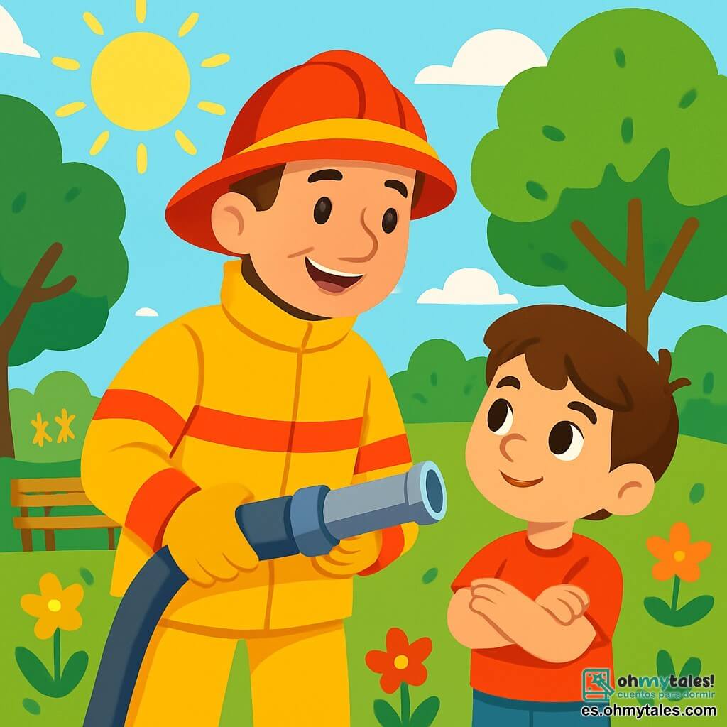 Un bombero, un hombre de sonrisa cálida y ojos brillantes, lleva un casco rojo y un uniforme amarillo brillante. Está de pie en un parque soleado, sosteniendo una manguera de agua, listo para ayudar. A su lado, un niño de 7 años, Juan, con cabello castaño y ojos curiosos, mira al bombero con admiración, con los brazos cruzados sobre el pecho. El parque está lleno de vegetación, con árboles frondosos y flores coloridas que bailan bajo la suave brisa. Un banco de madera es visible al fondo, y algunos niños juegan a lo lejos. La situación principal muestra al bombero explicando su trabajo a Juan, quien lo escucha atentamente, con los ojos abiertos de fascinación. Los rayos de sol iluminan la escena, creando una atmósfera alegre y amistosa.