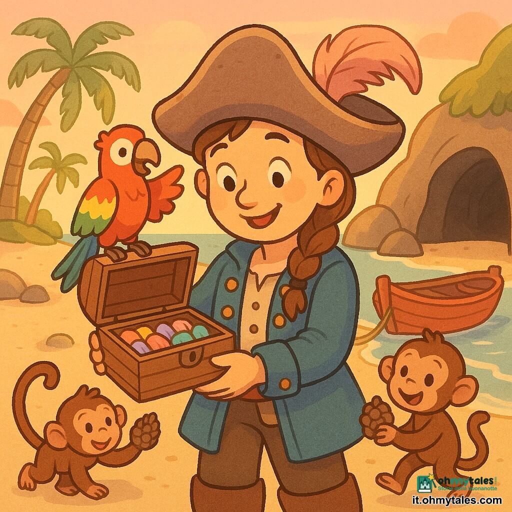 Donna pirata sorridente con trecce brune e grande cappello sbiadito con piuma rosa, giacca blu con bottoni dorati e sguardo malizioso, che tiene una piccola scatola di legno aperta con conchiglie e pietre colorate, in piedi con i piedi nella sabbia bagnata su una piccola isola tropicale dal sabbia dorata; un pappagallo rosso, verde e giallo sulla spalla destra con le ali appena aperte, una piccola scimmietta marrone giocosa che salta tenendo una pigna tra grotta scura ma accogliente e una barca di legno rossa attraccata al bagnasciuga; palme inclinate, scogli levigati, tramonto caldo arancione e rosa con ombre lunghe e morbide; momento tenero e festoso in cui la pirata mostra il tesoro agli amici, stile grafico a linee tonde, colori pastello saturi, texture semplici e contorni neri sottili, atmosfera calma e gioiosa.